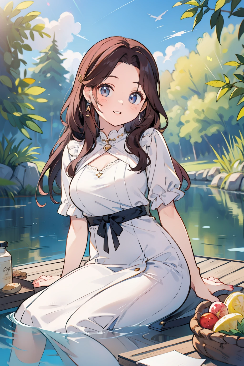 qualidade da batida, beautiful woman sitting by the lake, tendo um picnic, vestido vitoriano, guarda-sol, rosto perfeito, grandes olhos lindos, Cabelo longo cacheado, Sorriso suave, parted lips, tons suaves, in the style of oil painting, Linhas limpas, realismo, 8K