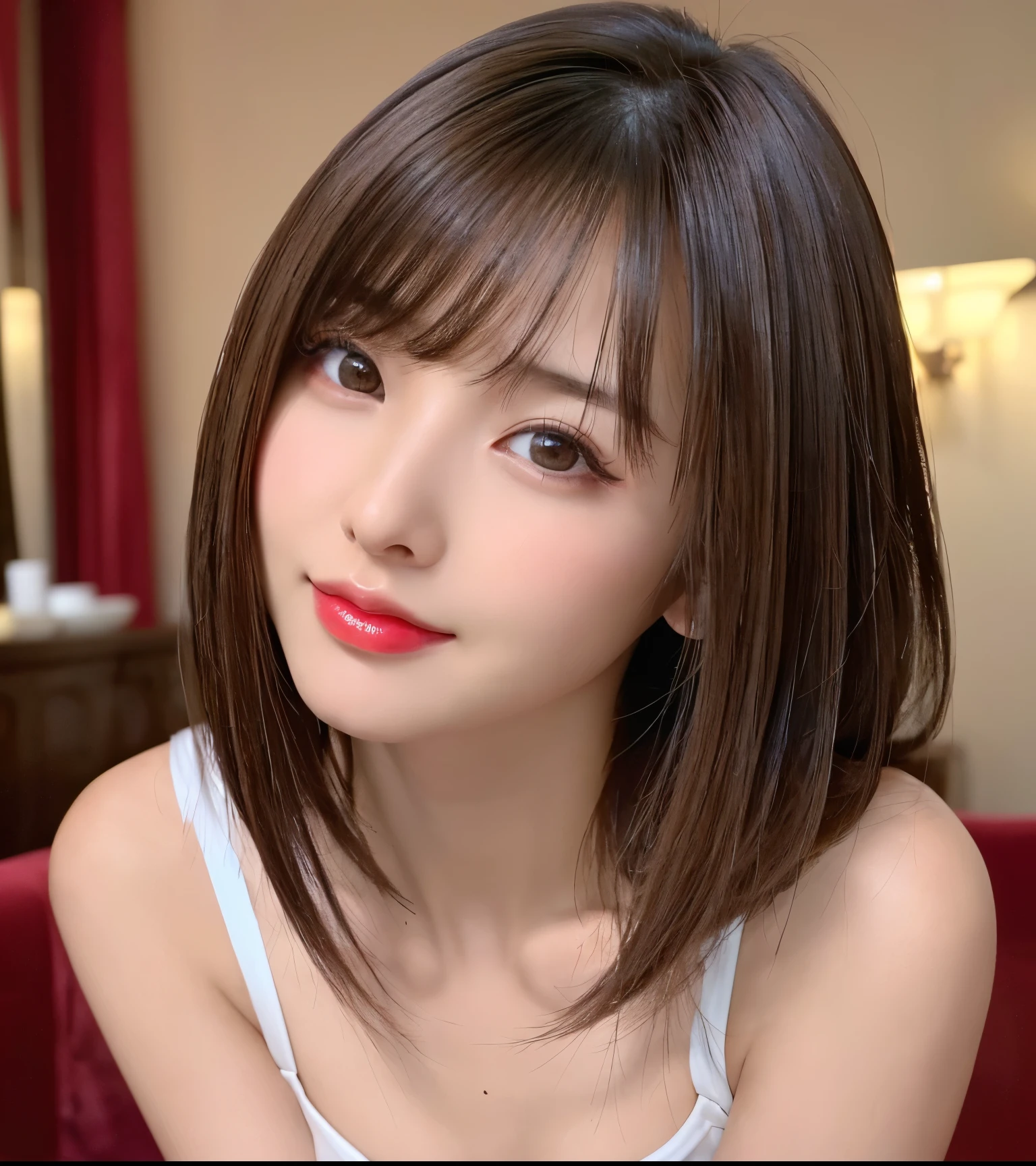 ((Photo from thighs up:1.5))、(highest quality、table top、8k、best image quality、Award-winning work)、(one young girl, :1.3)、(サイズのLarge tank topだけ着ている:1.4)、(Large tank top:1.4))、(red eyeshadow:1.2)、perfect makeup、long eyelashes、Super high-definition sparkling eyes、ultra high definition hair、ultra high resolution glossy lips、Super high resolution perfect teeth、Super high resolution cute face、brown hair、(very short straight hair:1.1)、look at me and smile、[clavicle]、accurate anatomy、(close up of face:1.5)、Luxury love hotel、(The most moody warm lighting:1.2)、blurred background、With bangs、Super high-resolution glossy and moisturized face、Super high-resolution glowing skin、most detailed face、Ultra high resolution detailed faces、ultra high resolution hair、Super high resolution sparkling eyes、Beautiful face drawn in every detail、Super high resolution glossy red lips