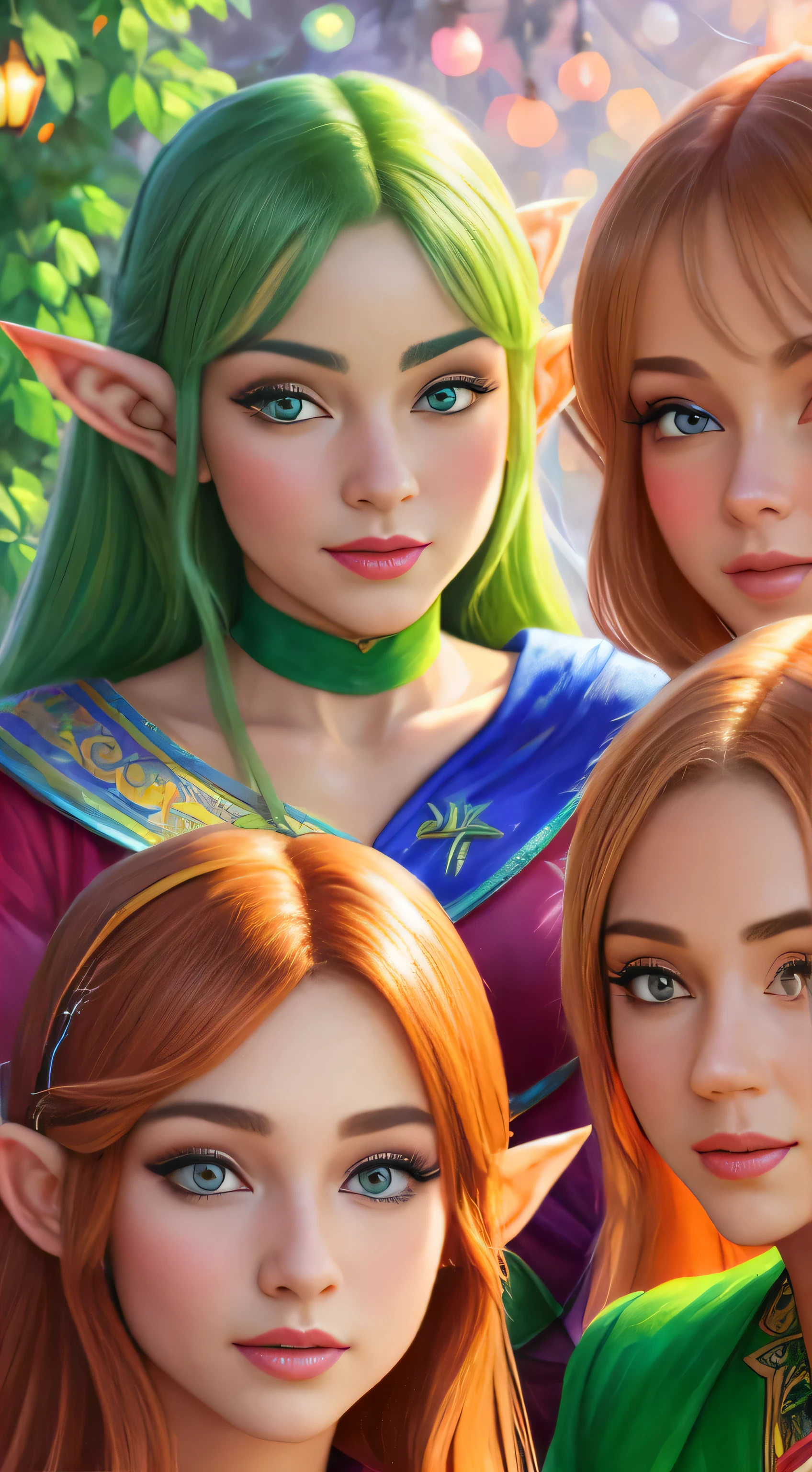 (((masterpiece))), best quality, hyper-detailed gouache style painting portrait of a group of beautiful female elves, featuring smooth shadows and hyper-realistic textures, meticulously crafted with intricate brushstrokes and vibrant colors, 8k resolution for optimal viewing experience, expressive and realistic cartoony features that capture the unique charm of each elf, correct anatomy showcasing their graceful bodies, chromatic aberration adding a dreamlike quality to the painting, neon highlights accentuating their delicate features, global warm lights illuminating the scene and adding depth and dimension, dynamic poses that showcase their playful and enchanting personalities, expressive facial