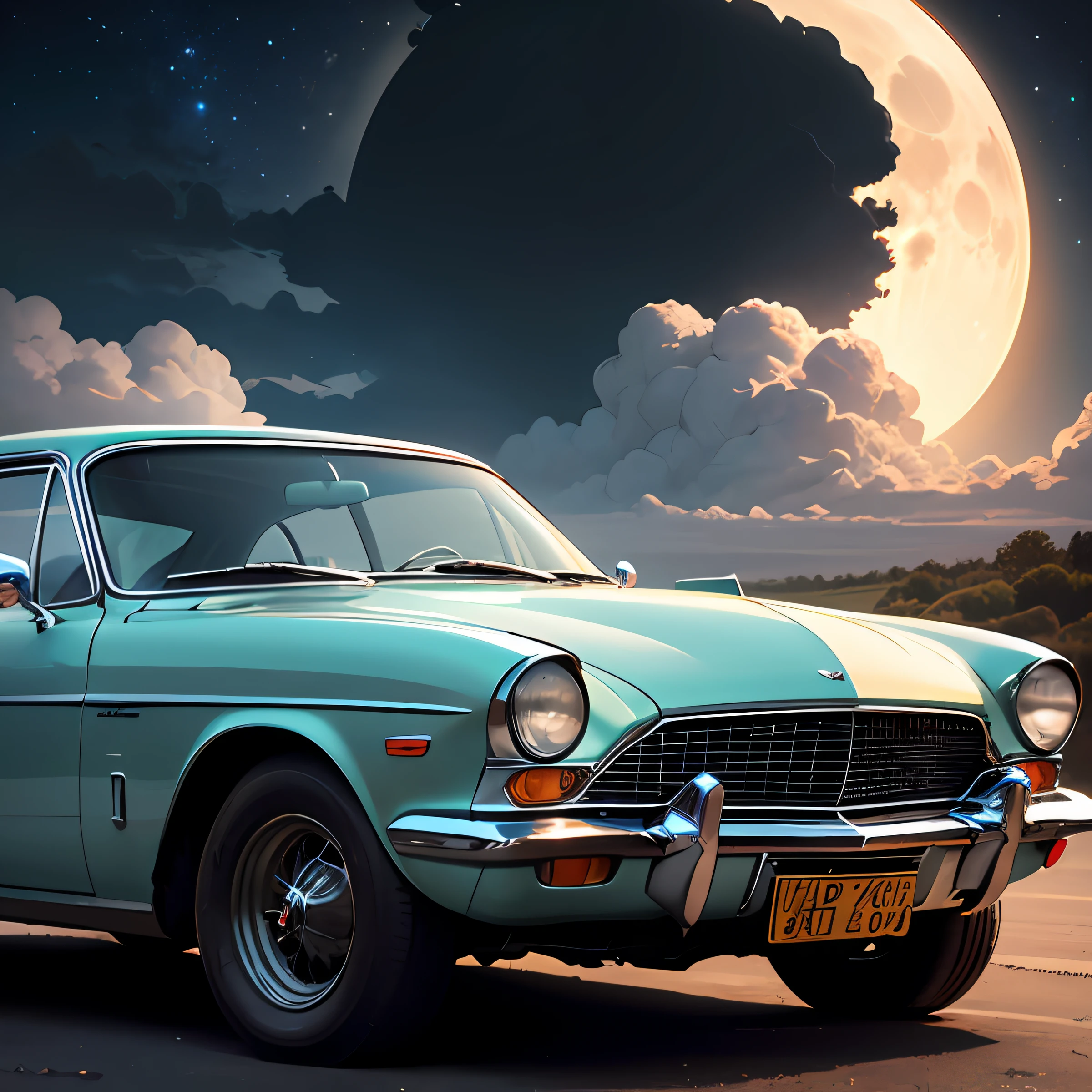 create an image with a classic car parked in a wide field, com a lua brilhando. O luar ilumina, destacando a forma do carro. Add a classic and romantic touch. The sky in the background is a night sky, cheio de estrelas brilhantes e algumas nuvens suaves. --auto