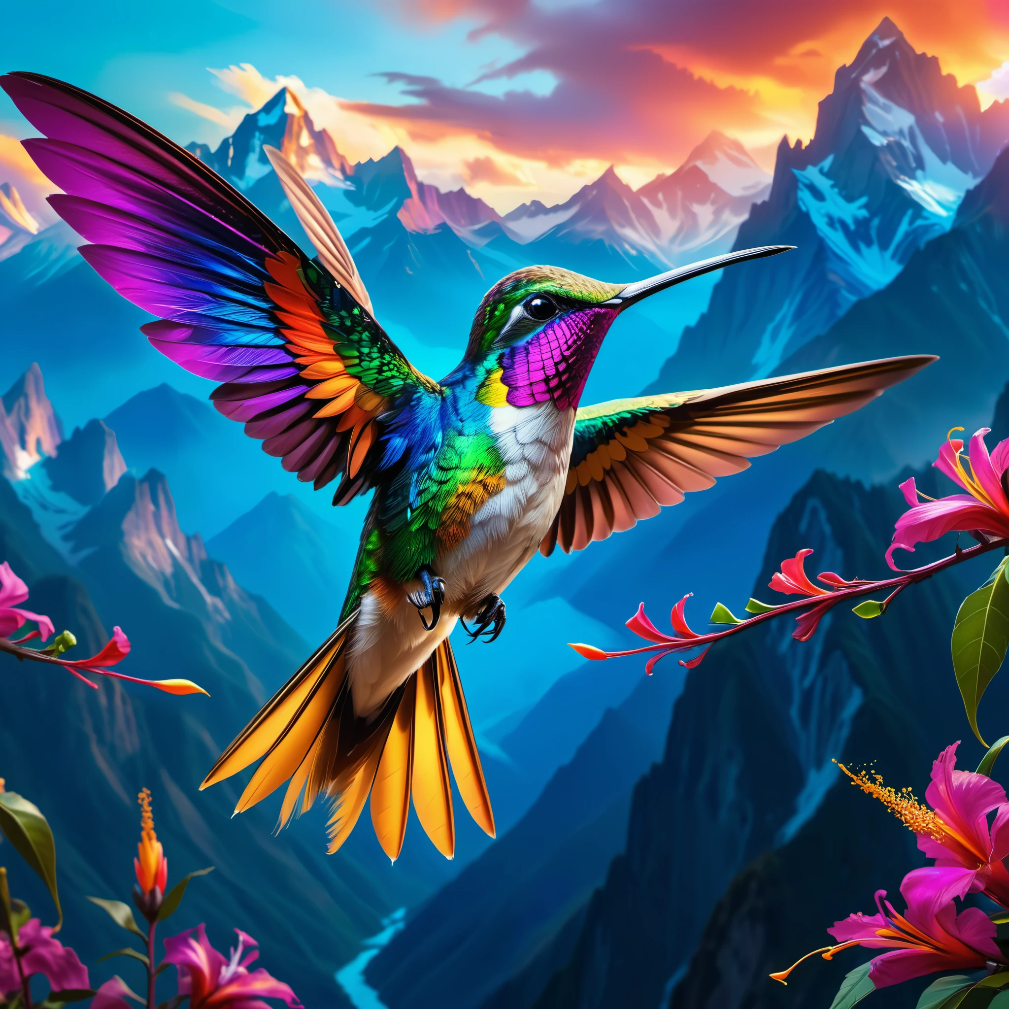 A breathtaking scene unfolds as a brilliantly colored hummingbird soars over the peaks of majestic mountains, reminiscent of a mythical bird of paradise. Its feathers radiate vibrant luminosity, embodying the essence of the Chromatic Radiance digital fantasy art style. This artwork, presented in vivid color and 4K ultra-high definition, draws inspiration from the airbrushing techniques of Frederick Church, creating a mesmerizing and vibrant display of real colors. The scene captures the elusive and mysterious beauty of the hummingbird against the backdrop of towering mountain ranges, evoking a sense of wonder and awe