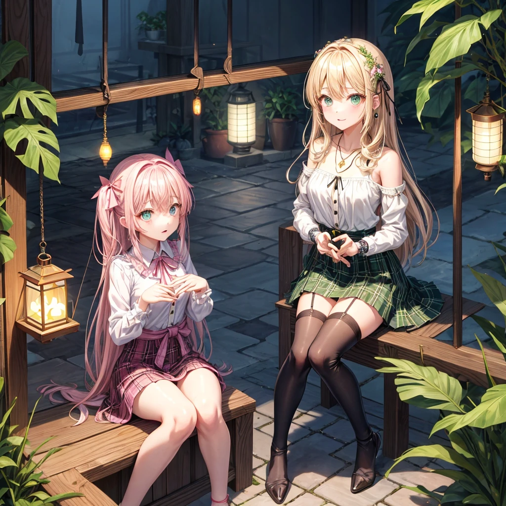 pink blonde、green eyes、one good looking girl、solo、anime、plaid mini skirt、the skirt has buttons、black camisole、black t-shirt、dress、wearing a ribbon、ribbon at waist、cloak、hood、stone slabs are piled up、raising one hand、crystal earrings、monster castle、jewelry necklace、Light and shadow、Hundreds of Ghosts at Night、lantern、sitting、legs crossed、mirror、tunnel、clock、Stuck in the wall、universe、skeletal specimen、fern plants、petal、tilting one&#39;s face