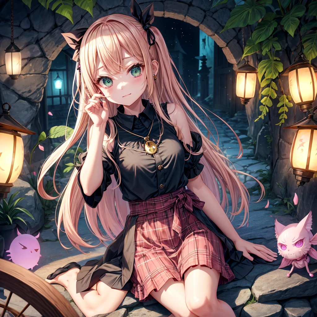 pink blonde、green eyes、one good looking girl、solo、anime、plaid mini skirt、the skirt has buttons、black camisole、black t-shirt、dress、wearing a ribbon、ribbon at waist、cloak、hood、stone slabs are piled up、raising one hand、crystal earrings、monster castle、jewelry necklace、Light and shadow、Hundreds of Ghosts at Night、lantern、sitting、legs crossed、mirror、tunnel、clock、Stuck in the wall、universe、skeletal specimen、fern plants、petal、tilting one's face