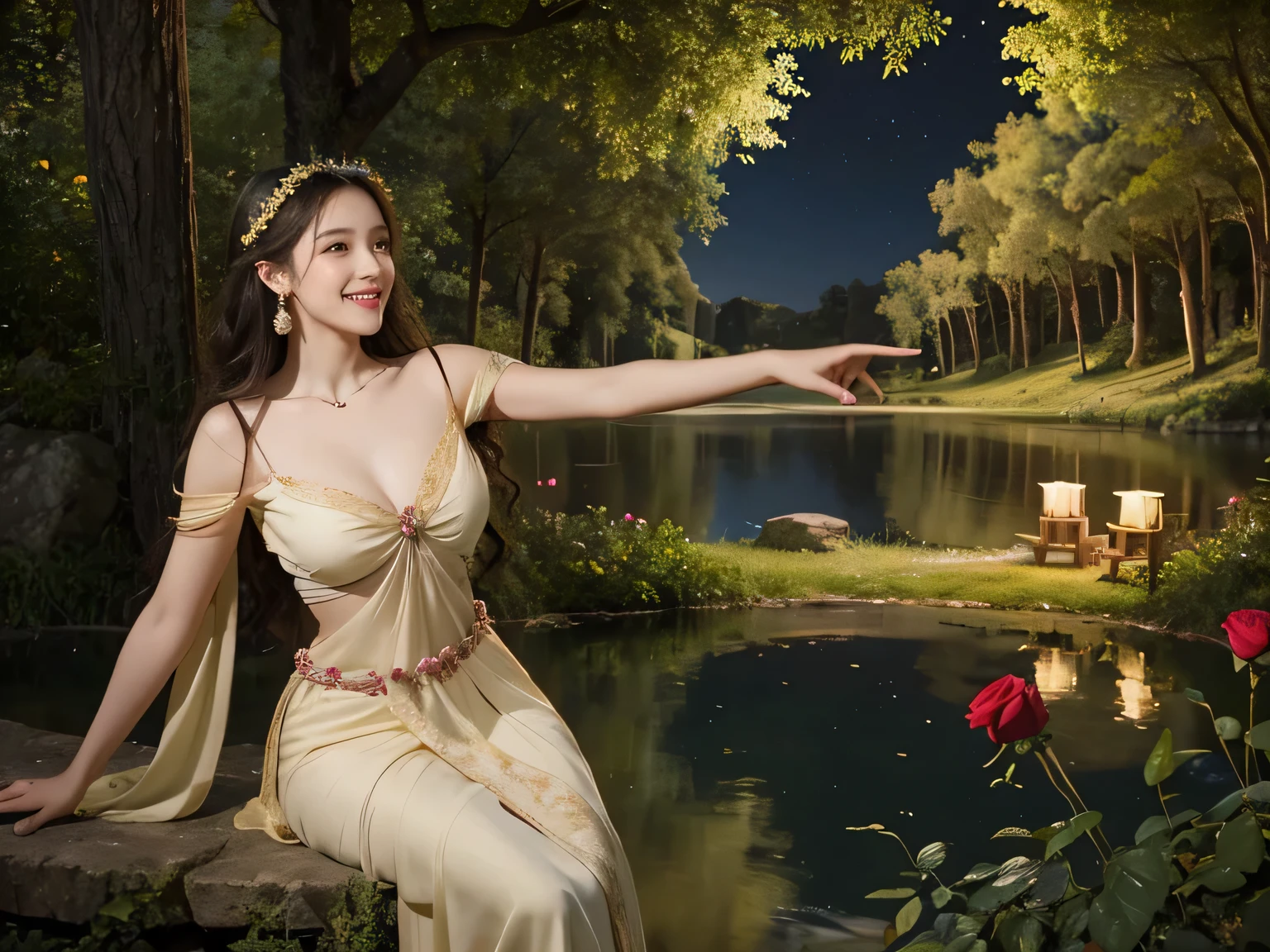 Giorgione painting style,Arguments of two female P、roses in vase、fruits、Cute trinkets、smile、ancient greek costume、Background is a forest lake at night ,A big smile、beautiful bare skin,Woman singing with sheet music
