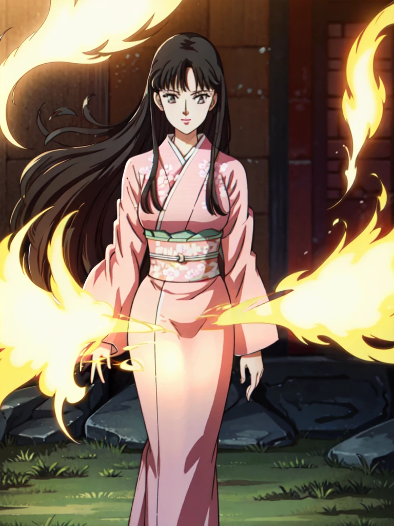 Naoko Takeuchi Style,traditional media, retro art style, fullbody, Persona4YukikoAmagi, pink kimono, standing, dynamic pose, big breasts, casting fire magic, adult, pink lipstick