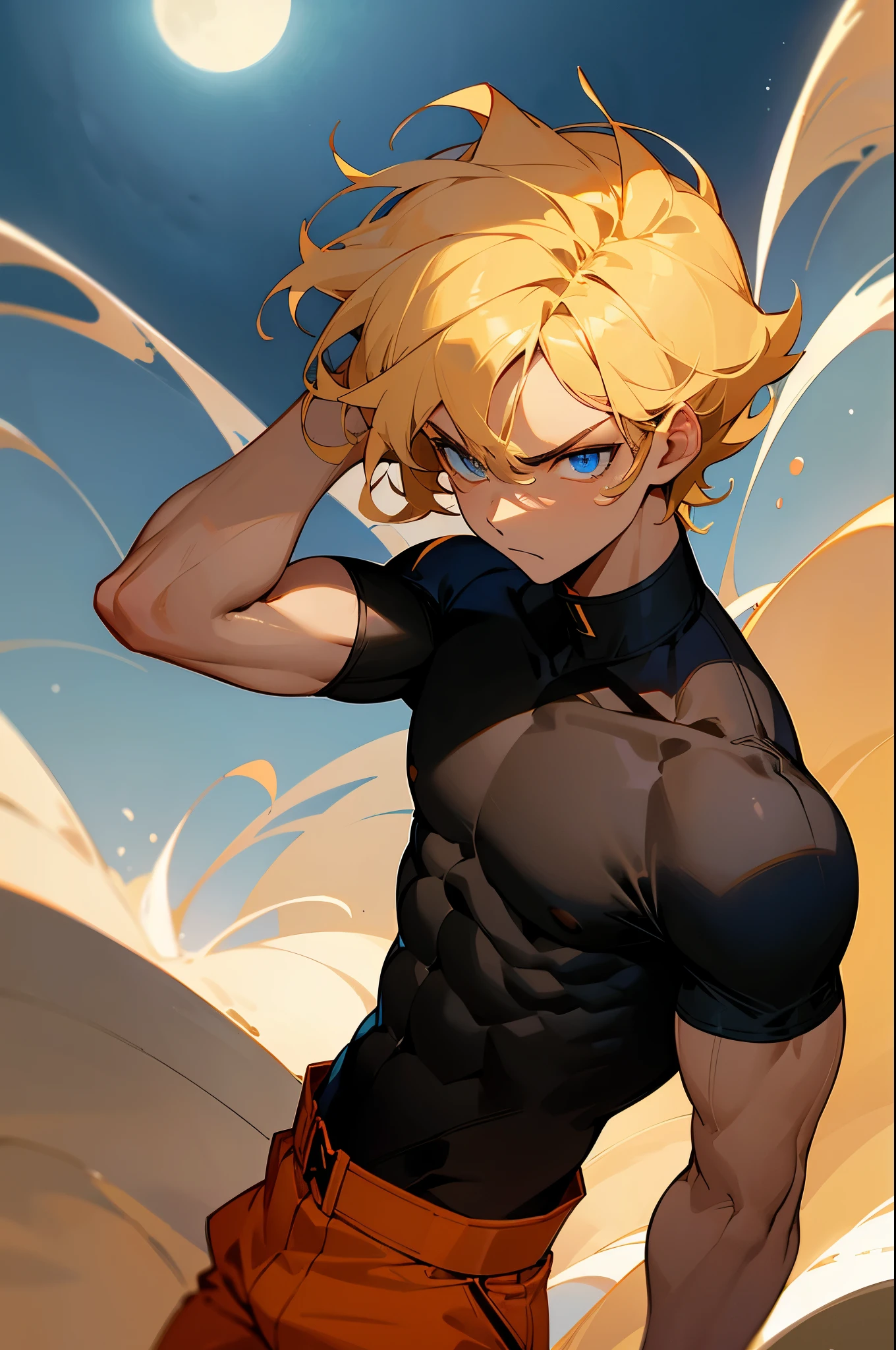 short wavy hair, black shirt, young male, blue eyes, moonlight, blonde hair, angry, sandy background, light skin tone,carmel skin tone, muscular, orange pants, short build, arms crossed