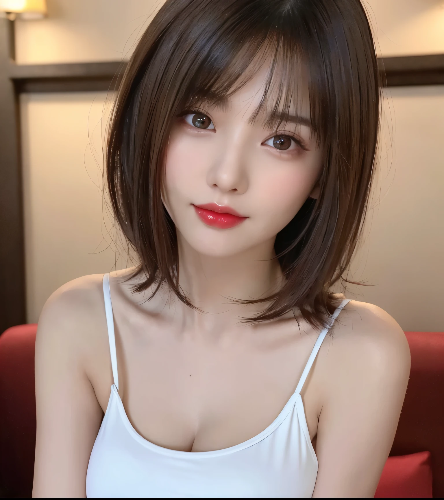 ((top-quality、8K、​masterpiece:1.3))、1 girl in、beauty with accentuated slim abs:1.3、(Bob Hairstyles、big:1.2)、(Bright maroon hair),casual clothing:1.2、interiors、hyperdetailed face、Delicat eyes、二重まぶた、soft breasts、a smile、exposed breast、Detailed hair、Detailed eyes,(Lifelike eyes)、Detailed skin,(realskin),profetional lighting,