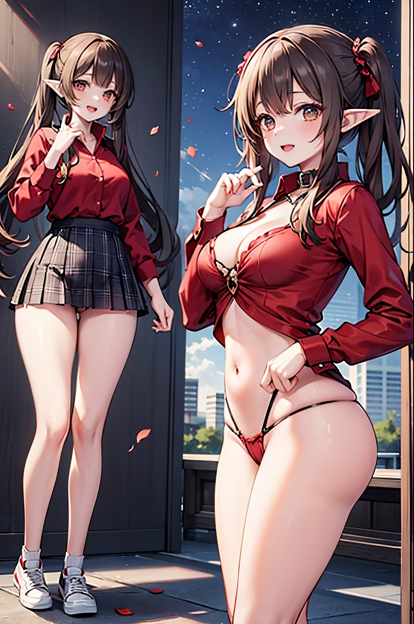 realistic image, coherent image, detailed image, 1 beautiful elf. She has brown hair, long hair with two pigtails. Scarlet eyes, long eyelashes. Her face is oval and delicate. smiling with open mouth. She is wearing a traditional red shirt, with a tangerine collar, showing her navel, plaid pleated mini skirt, sneakers, she has a curvy body, medium breasts and thick thighs. showing her thong. thong view, bottom view. Urban background. starry night, flower petals falling. natural lighting in front, volumetric lighting