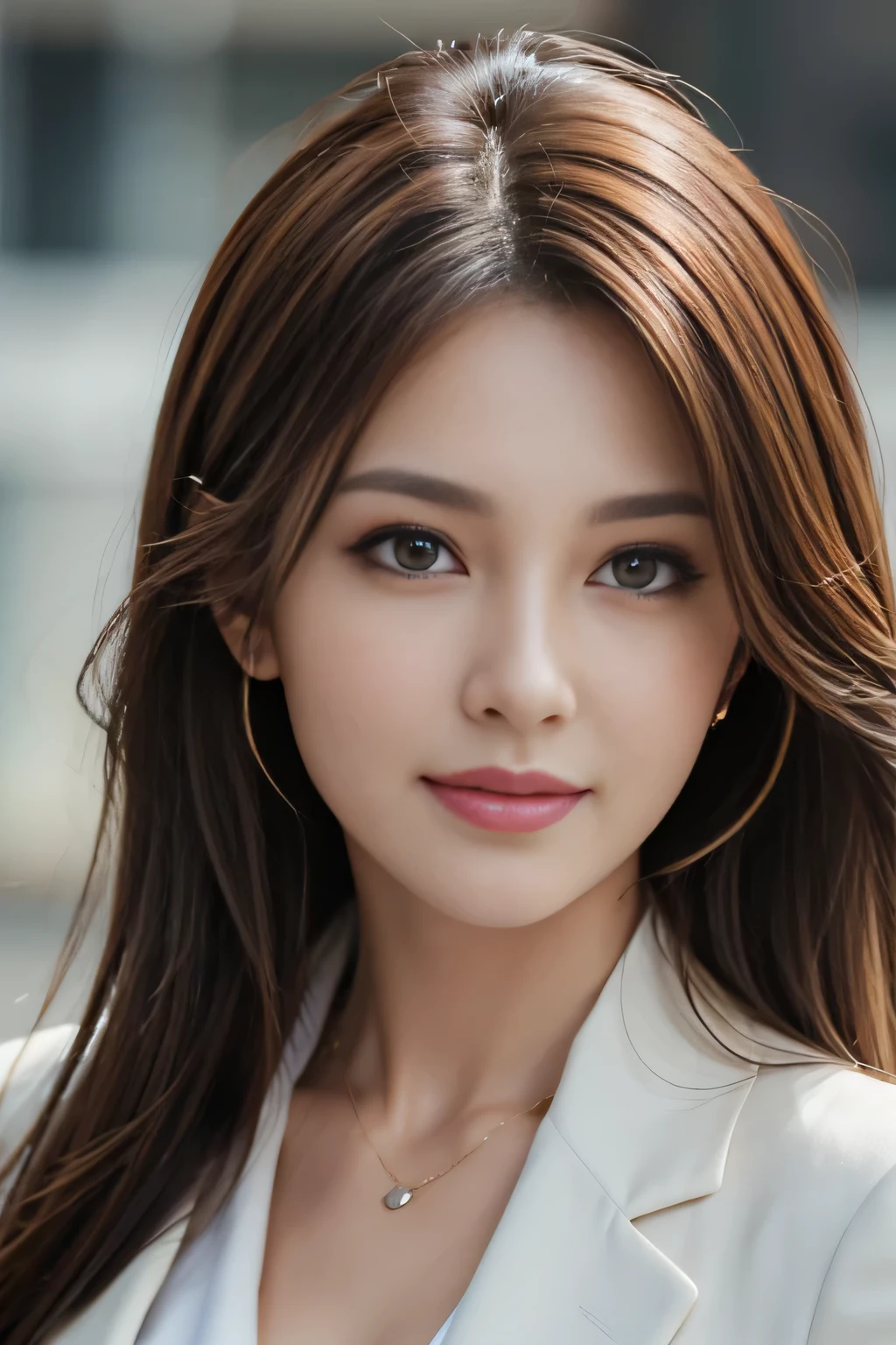 table top, highest quality, realistic, Super detailed, finely, High resolution, 8k wallpaper, 1 beautiful woman,, light brown messy hair, wearing a business suit, sharp focus, perfect dynamic composition, beautiful and detailed eyes, thin hair, Detailed realistic skin texture, smile, close-up portrait, model body shape