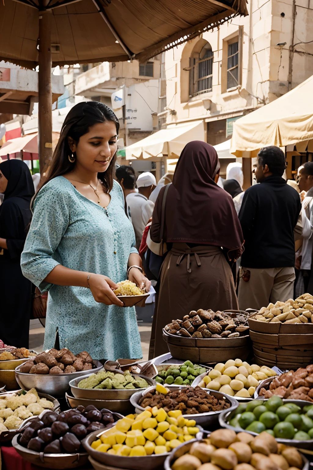 The souk was a hive of activity, with people bustling about in every direction. The air was filled with the sounds of haggling, laughter, and the calls of vendors selling their wares.

The shopkeepers were busy setting up their stalls, arranging their goods in neat displays. They were eager to make a good sale during this auspicious month.

The shoppers were also out in force, looking for bargains and special items to break their fast with. They were laden with bags and baskets, and their faces were filled with anticipation.

The children were running around, playing games and enjoying the festive atmosphere. They were especially excited about the prospect of receiving eid gifts.

The food stalls were doing a brisk business, as people were eager to sample the traditional Ramadan delicacies. The air was filled with the delicious aromas of cooking food, and the sound of people eating and enjoying themselves.

The atmosphere in the souk was electric, with everyone caught up in the spirit of Ramadan. It was a time for celebration, community, and good cheer.

Here are some additional details that you can add to your description:

The colors of the souk were vibrant, with the bright fabrics and decorations on display.
The smells of the souk were enticing, with the aromas of spices, cooking food, and fresh flowers.
The sounds of the souk were lively, with the calls of vendors, the chatter of shoppers, and the music of traditional instruments.