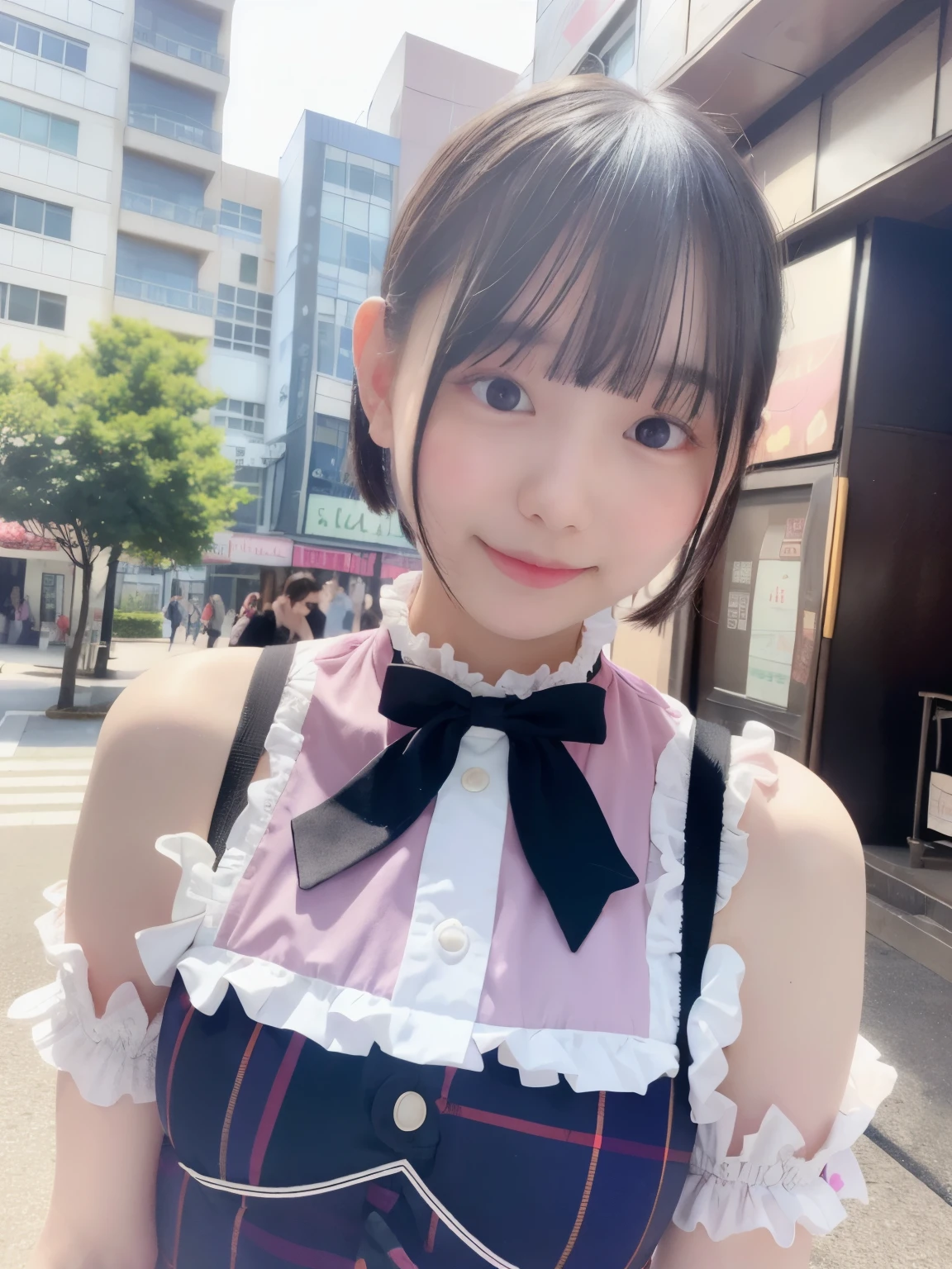 1 girl, alone, (short hair), japanese idol, perfect figure, beautiful eyes double eyelids, lolita fashion, Colorful pastel color clothes, Downtown like Harajuku, smile, Upper body, blow the wind, Because I&#39;m slender