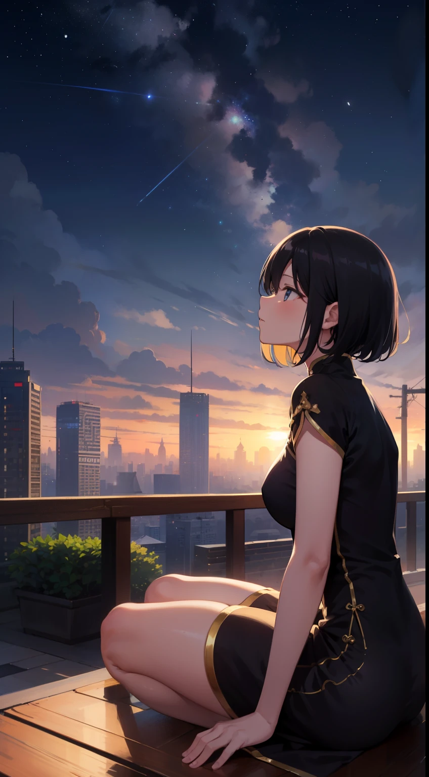 short hair，China dress，close，girl sitting on the roof,Look up at the starry sky at night。on the distant horizon,You can see the silhouettes of some buildings。she felt the comfort of the night breeze。The whole scene is serene and beautiful