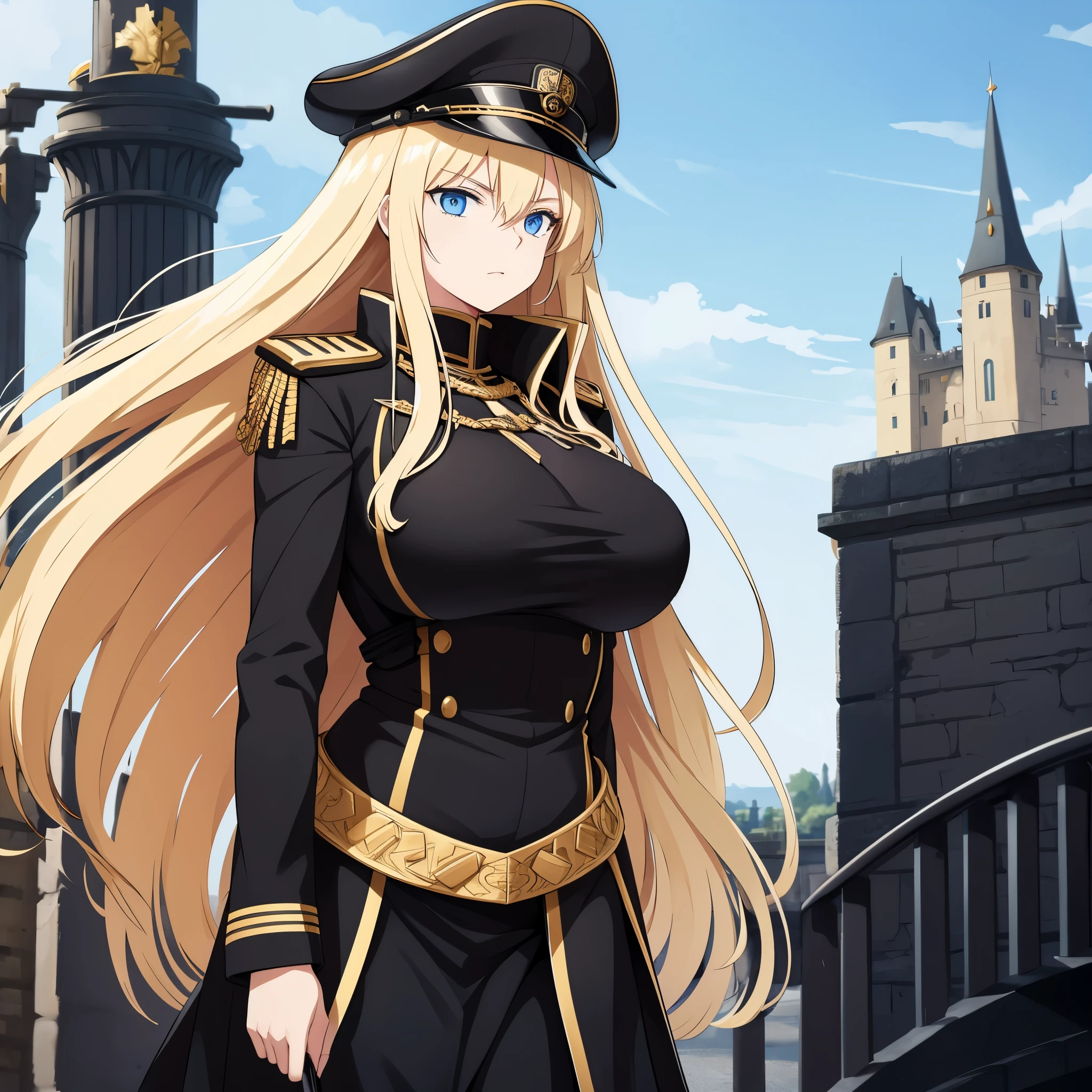 A woman with long blonde hair, blue eyes, wearing a black Prussian uniform with gold details, wearing a black military hat with gold details, a black cape, big breast, outside a large castle.
