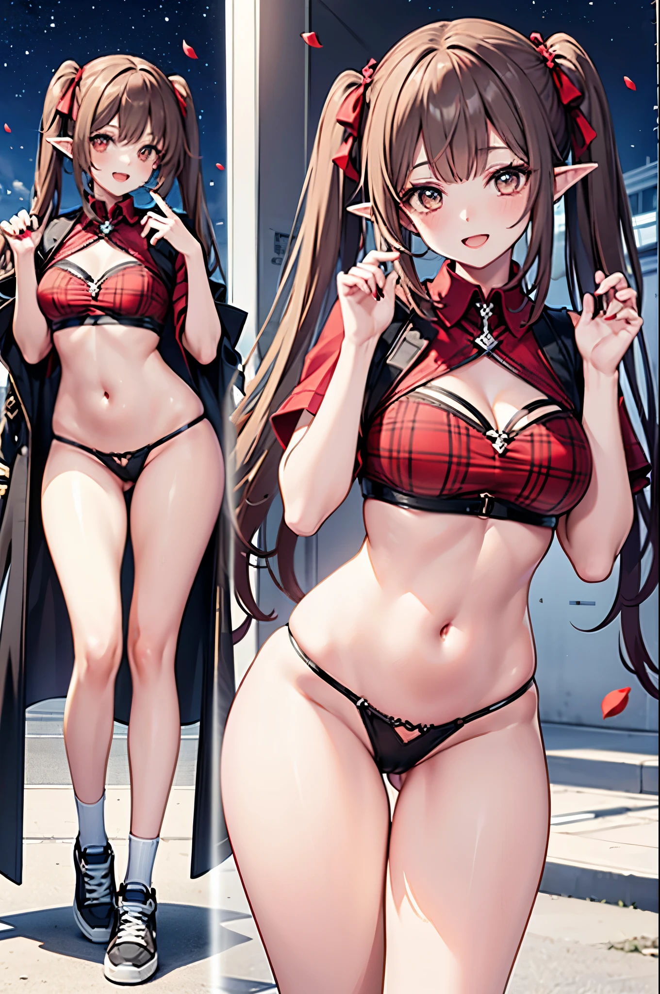 realistic image, coherent image, detailed image, 1 beautiful elf. She has brown hair, long hair with two pigtails. Scarlet eyes, long eyelashes. Her face is oval and delicate. smiling with open mouth. She is wearing a traditional red shirt, with a tangerine collar, showing her navel, plaid pleated mini skirt, sneakers, she has a curvy body, medium breasts and thick thighs. showing her thong. thong view, bottom view. Urban background. starry night, flower petals falling. natural lighting in front, volumetric lighting
