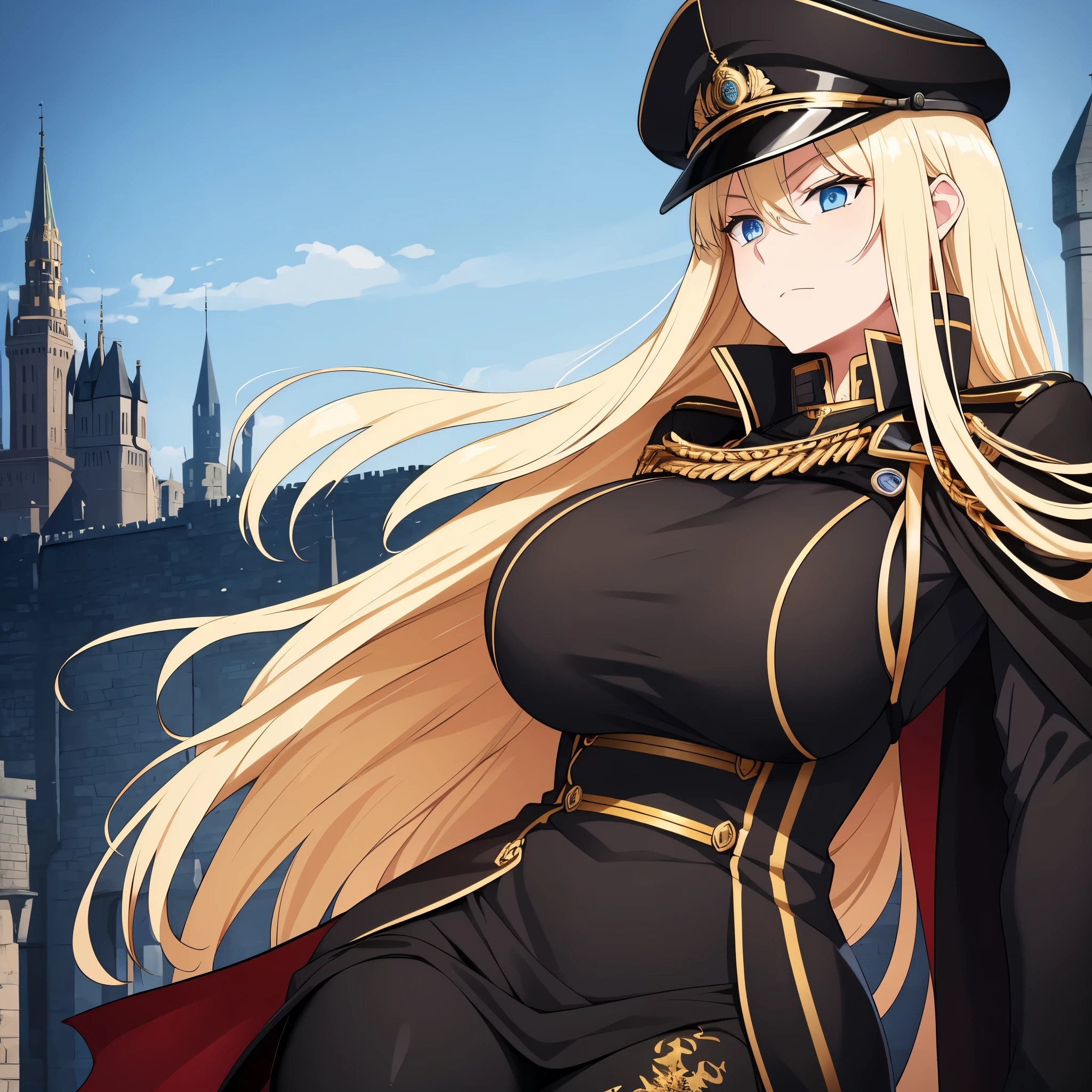 A woman with long blonde hair, blue eyes, wearing a black Prussian uniform with gold details, wearing a black military hat with gold details, a black cape, big breast, outside a large castle.
