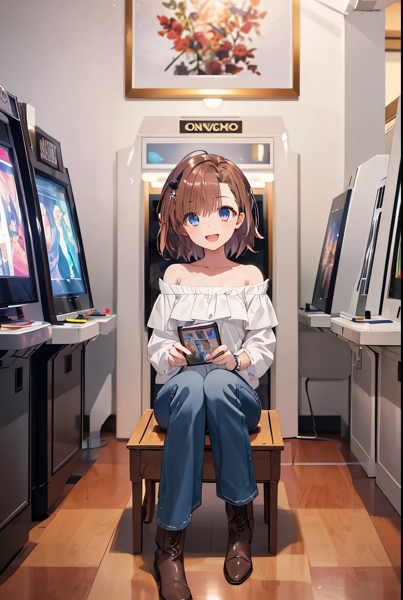 8k,highest quality,masterpiece,(((pixel perfect, Perfect in every detail))), alone, 1 girl, mikoto rose, brown eyes,brown hair,short hair,looking at the viewer,off shoulder dress,short denim,short boots, open mouth,smile,sitting Chair, game_center, scenery, arcade cabinet, Chair, poster (object), indoor ,s4g4m1,(masterpiece:1.2), highest quality, High resolution, unity 8k wallpaper, (shape:0.8), (beautiful and detailed eyes:1.6), highly detailed face, perfect lighting, Very detailed CG, (perfect hands, perfect anatomy),