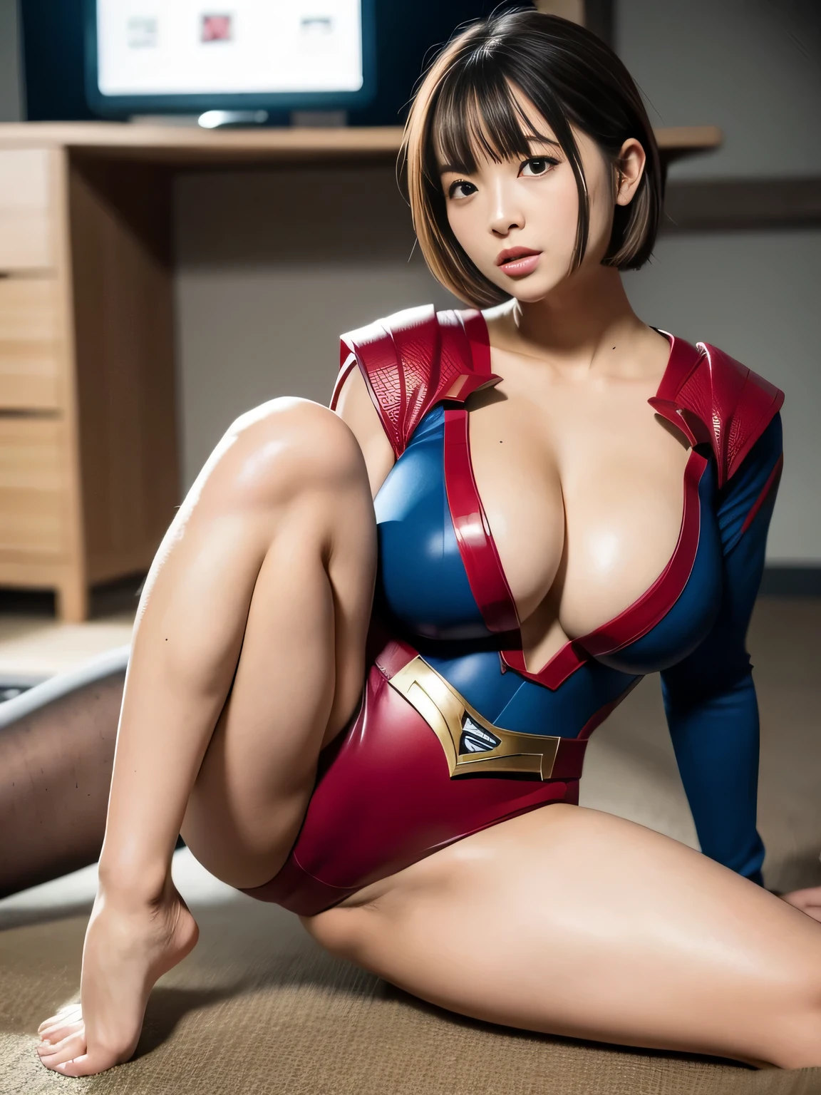 masterpiece、supergirl costume、short hair、barefoot、big and full breasts、operating room、operating table、straddle、damaged、shiny、looking at camera、Seduce、Estrus、Cowgirl、ecstasy、long sleeve、red sexy pose