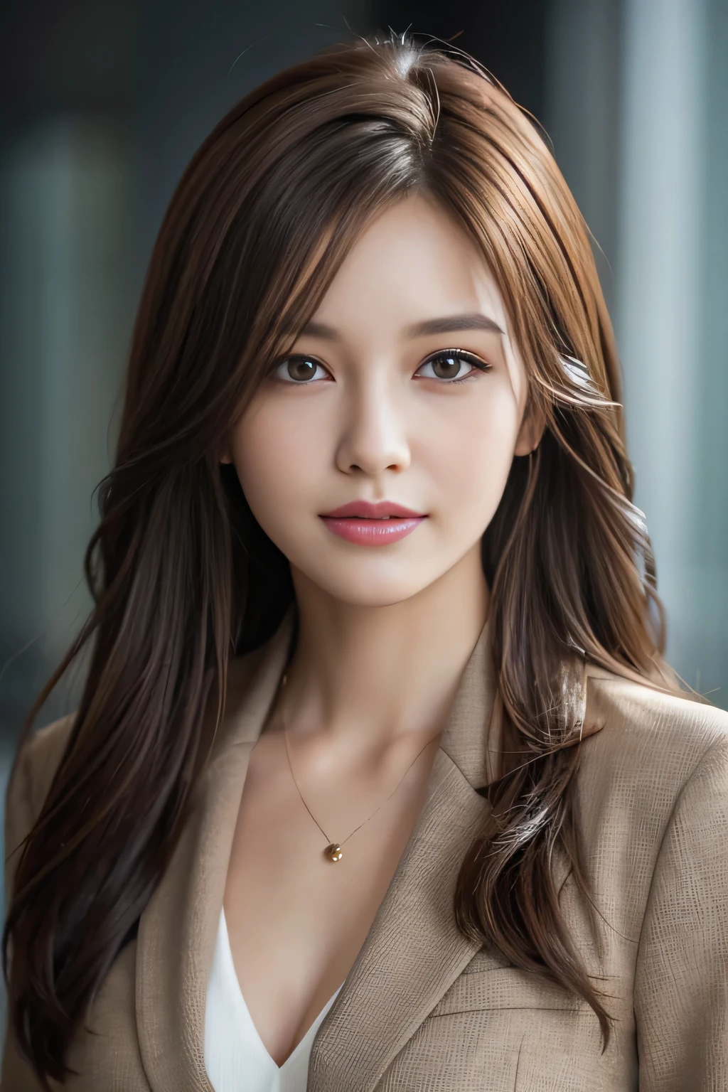 table top, highest quality, realistic, Super detailed, finely, High resolution, 8k wallpaper, 1 beautiful woman,, light brown messy hair, wearing a business suit, sharp focus, perfect dynamic composition, beautiful and detailed eyes, thin hair, Detailed realistic skin texture, smile, close-up portrait, model body shape
