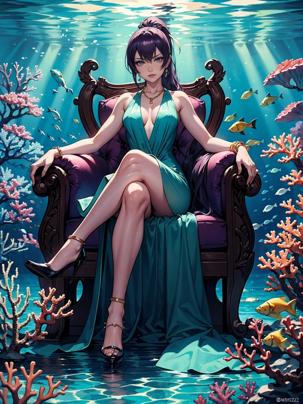 ((1girl, solo ,alone, busujima_saeko, purple hair, purple eyes, ponytail, very long hair)), ((solo, 1woman, pink lipstick, Extremely detailed, ambient soft lighting, 4k, perfect eyes, a perfect face, perfect lighting, a 1girl)), austere, ((sitting on a throne, ((legs crossed, high heels, underwater, submerged in the ocean, deep sea, sea creatures, aqua)), sitting on her throne under; water, sea queen, mu yanling, Krenz Cushart and Artgerm, ((fish, coral)), shark, turtle, algae)), ((long dress, elegant dress , formal dress, light green dress, bracelets, ruby earrings, gold necklace, diamond, sovereign))