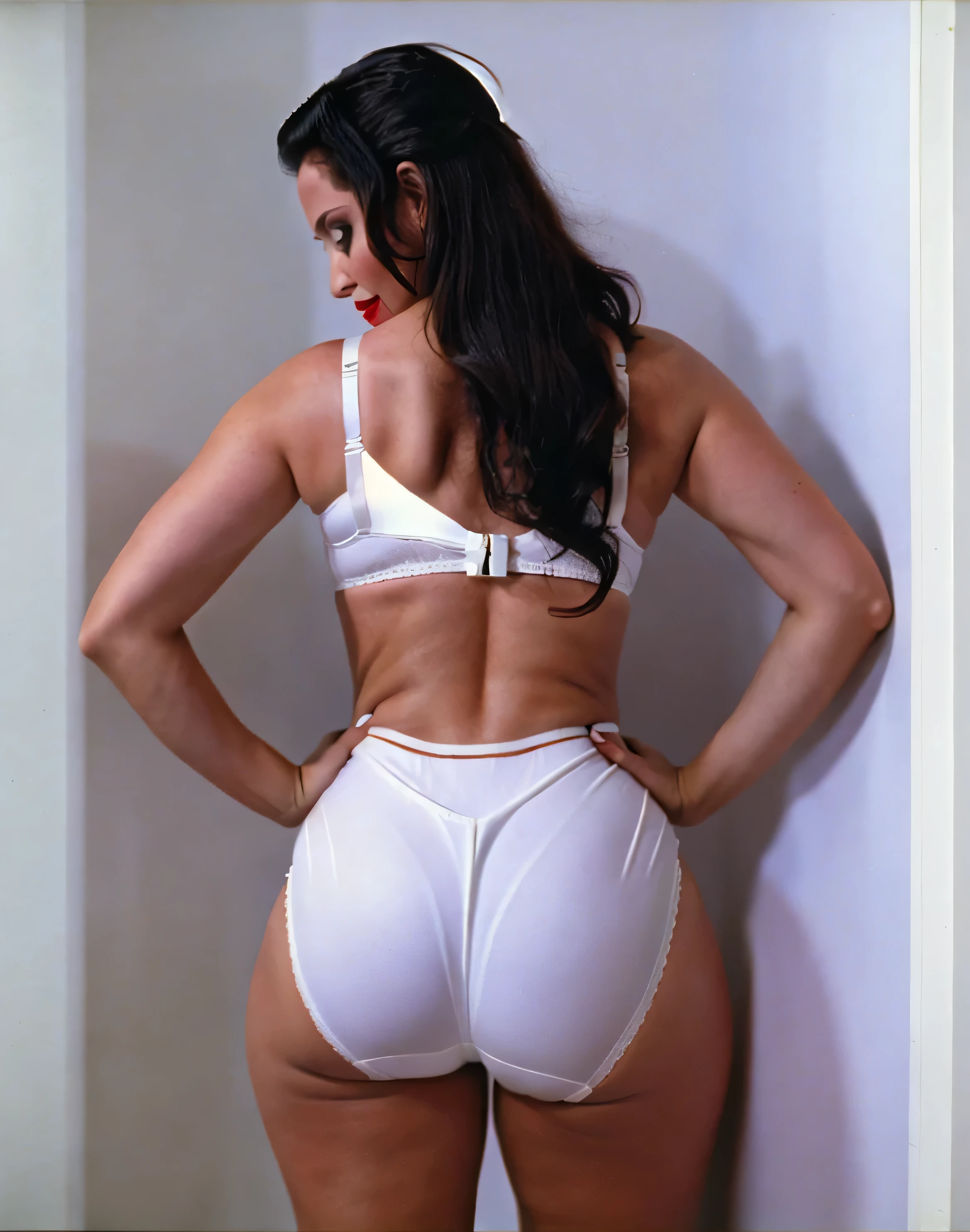 ((((masterpiece, best quality)))), ((33 year old)), (((Curvy))), ((Latina with long black hair)), in ((white bra)), ((white fullback panties)), ((Red lipstick)), ((Standing in a bathroom)), (back facing the camera), (((photo realistic))), ((80's film, 80's movie scene, 80's TV Style))