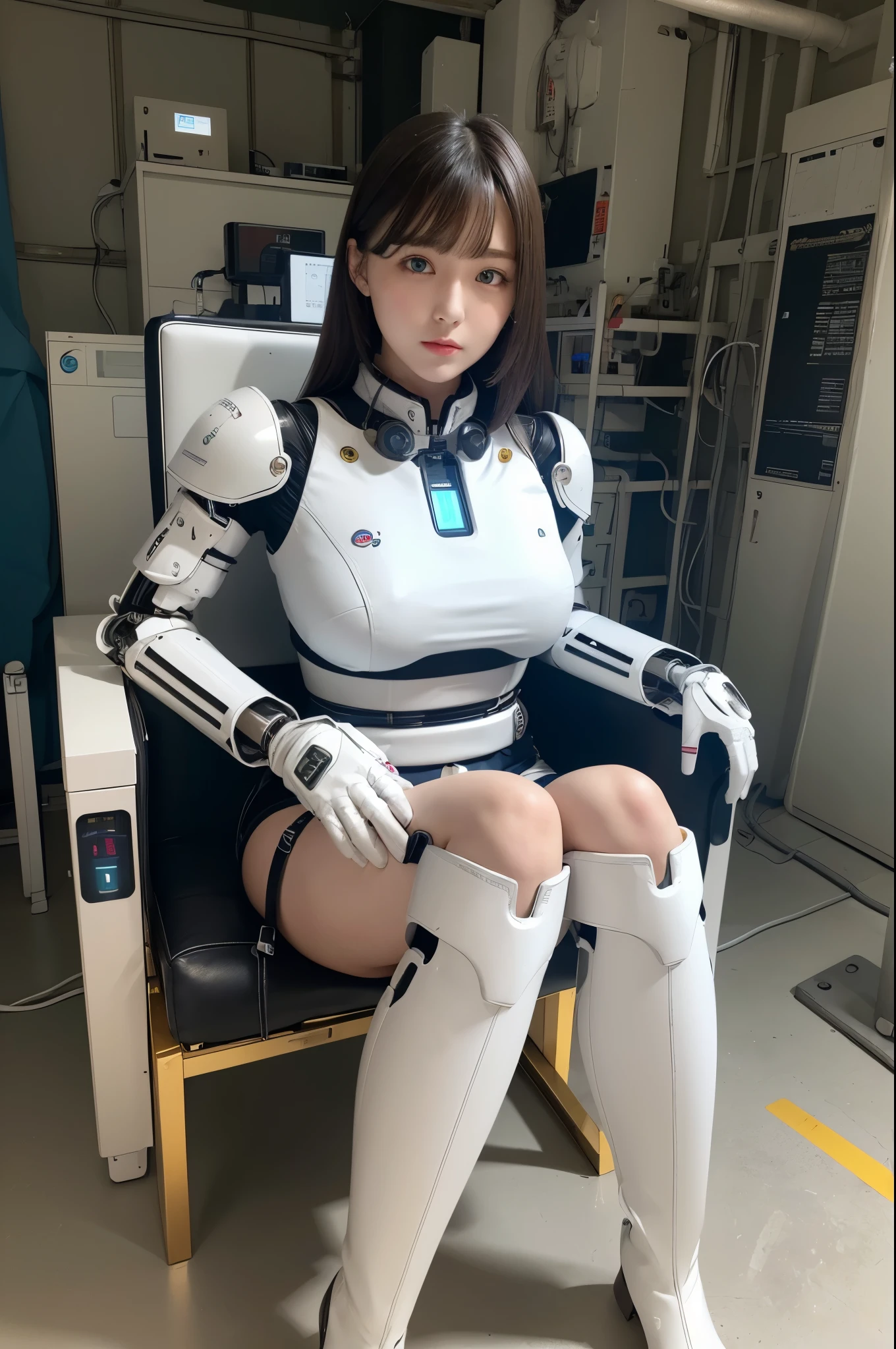 masterpiece, best quality, extremely detailed, Japaese android Girl,Plump,control panels,Mechanical Hand, Robot arms and legs,Mechanical body,Blunt bangs,perfect mechanical abdomen,future laboratory,charging spot,She is sitting the charging spot,laboratory,long tube,thick cable connected her neck, white robot body,The removable cover is in the groin,The connection port is in the groin,assembly plant,miniskirt,leather boots,(blue eyes:1.5)