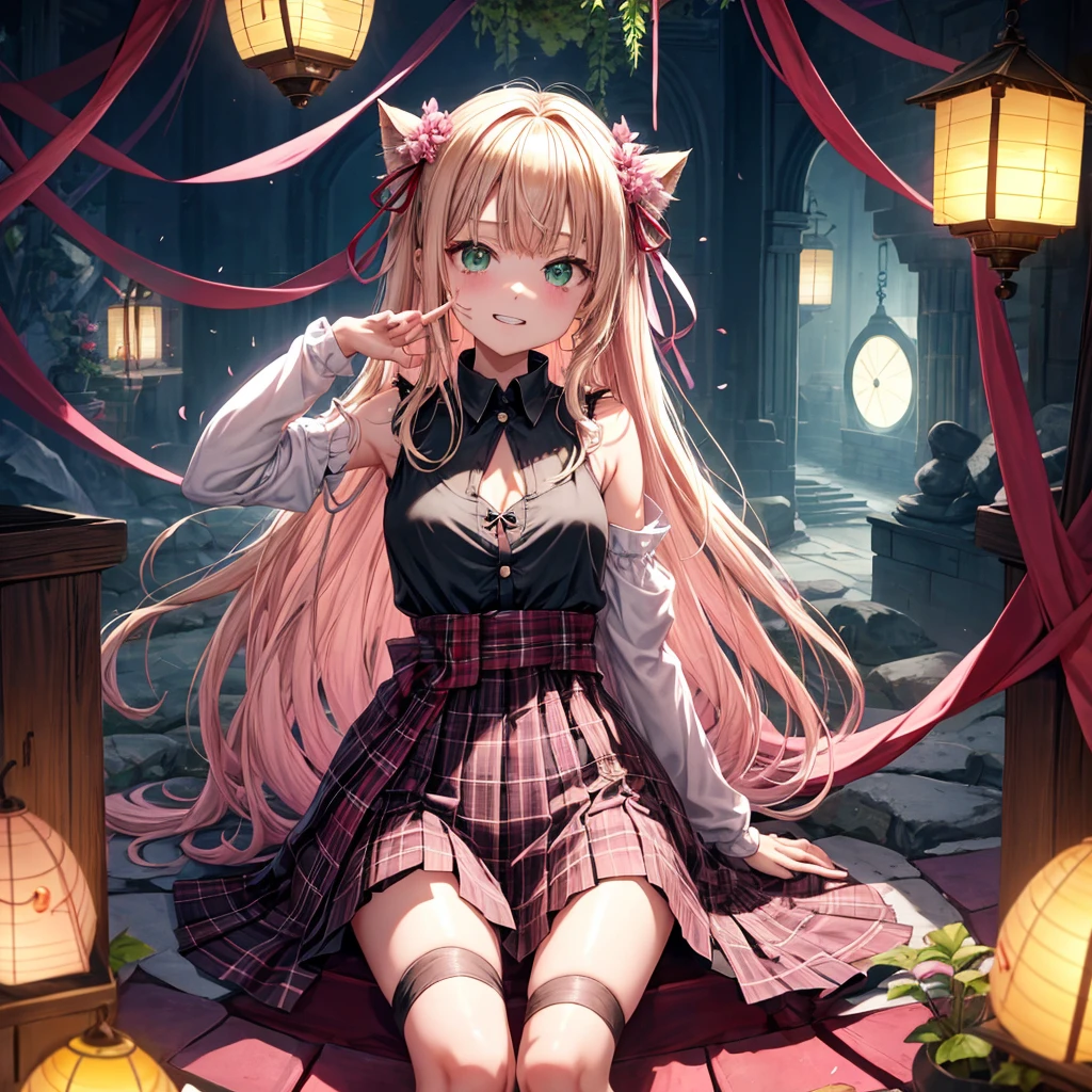 pink blonde、green eyes、one good looking girl、solo、anime、plaid mini skirt、the skirt has buttons、black camisole、black t-shirt、dress、wearing a ribbon、ribbon at waist、cloak、hood、stone slabs are piled up、raising one hand、crystal earrings、monster castle、jewelry necklace、Light and shadow、Hundreds of Ghosts at Night、lantern、sitting、legs crossed、mirror、tunnel、clock、Stuck in the wall、universe、skeletal specimen、fern plants、petal、tilting one's face、teeth are visible、red carpet