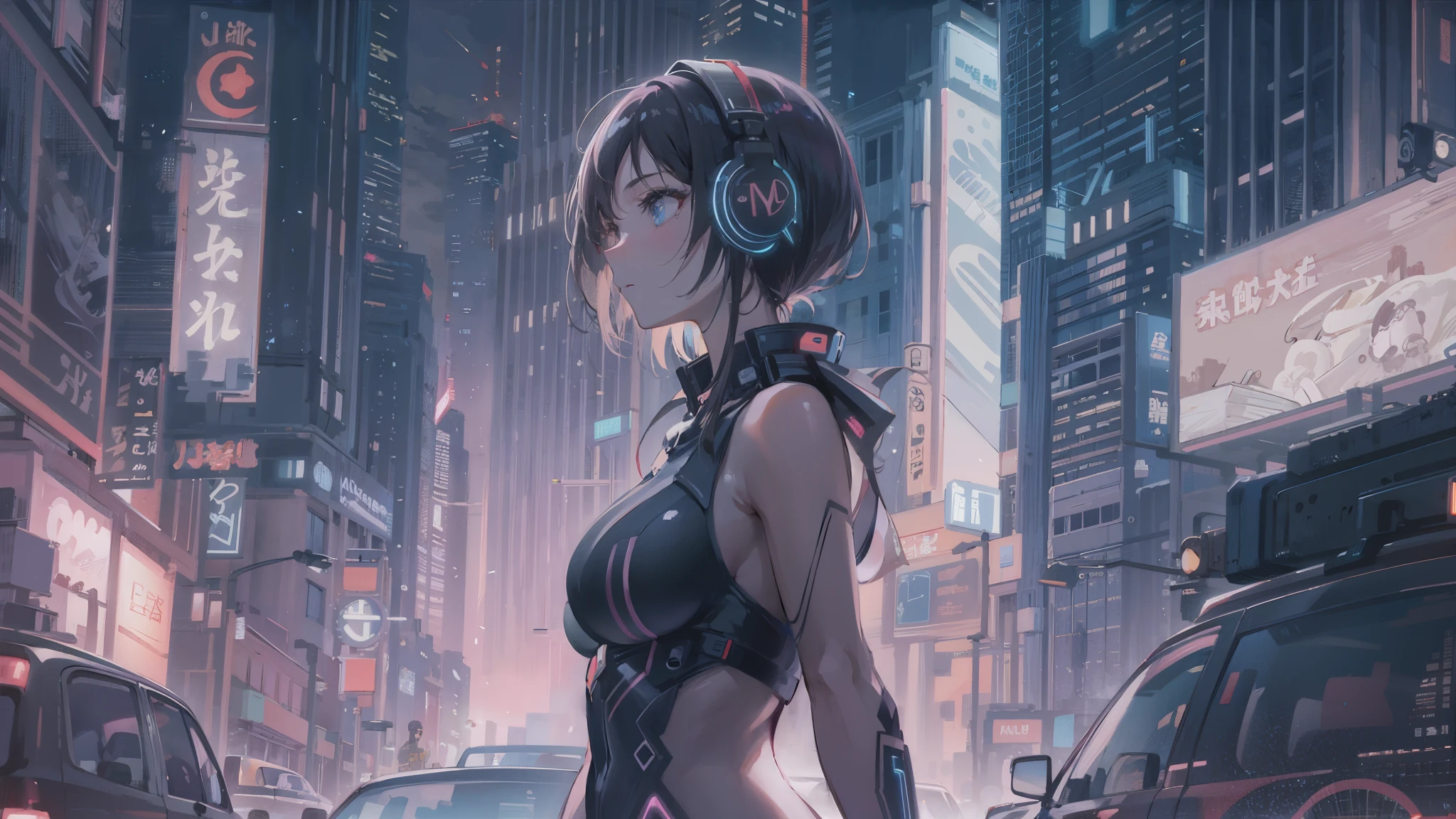 masterpiece,Anime-style illustration showing a young woman in her 20s wearing a futuristic plunging costume, facing right, Standing in the middle of the street in a cyberpunk nightlife district. she has pinkish black hair、wearing headphones. big breasts、She&#39;s still looking up at the starry sky, But her gaze and body are turned to the right side of the frame. The scene should be lively, Reflecting a cyberpunk aesthetic, Neon lights and futuristic buildings surround her. The hustle and bustle of the city continues, But she&#39;s at peace in the chaos, Immerse yourself in the sights and sounds of the night. In the image、The quiet sky above and the vibrant urban environment must be captured。, highlight her new direction.
