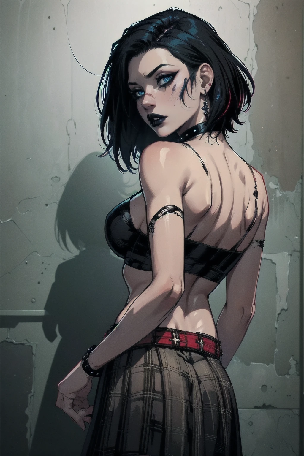 a woman with short black hair, hair on shoulders, wearing a black cropped and plaid skirt, blue eyes, zombie art, gothic art, cute aesthetic with vibe, toon aesthetic, wearing red costume, wearing gothic accessories, look like Cassie Hack, upper body, zombie background, backwards, looking back