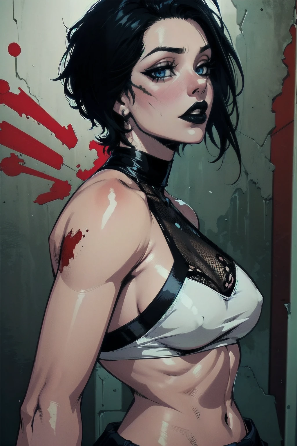 a woman with short black hair, hair on shoulders, wearing a black cropped and plaid skirt, blue eyes, zombie art, gothic art, cute aesthetic with vibe, toon aesthetic, wearing red costume, wearing gothic accessories, look like Cassie Hack, upper body, zombie background, backwards, looking back