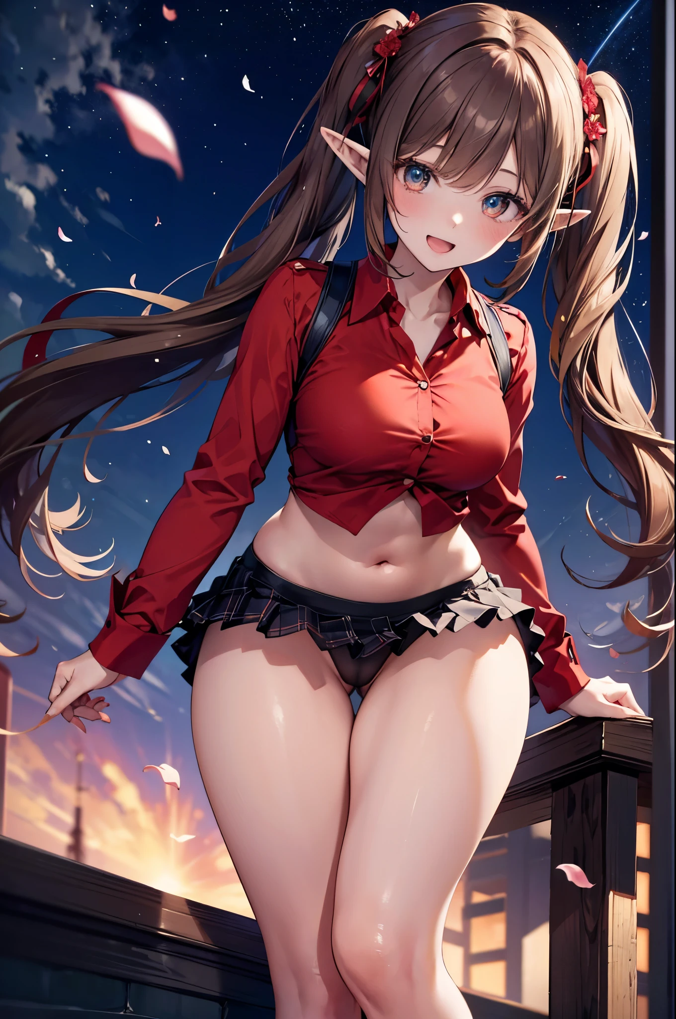 realistic image, coherent image, detailed image, 1 beautiful elf. She has brown hair, long hair with two pigtails. Scarlet eyes, long eyelashes. Her face is oval and delicate. smiling with open mouth. She is wearing a traditional red shirt, with a tangerine collar, showing her navel, plaid pleated mini skirt, sneakers, she has a curvy body, medium breasts and thick thighs. showing her thong. thong view, bottom view. Urban background. starry night, flower petals falling. natural lighting in front, volumetric lighting