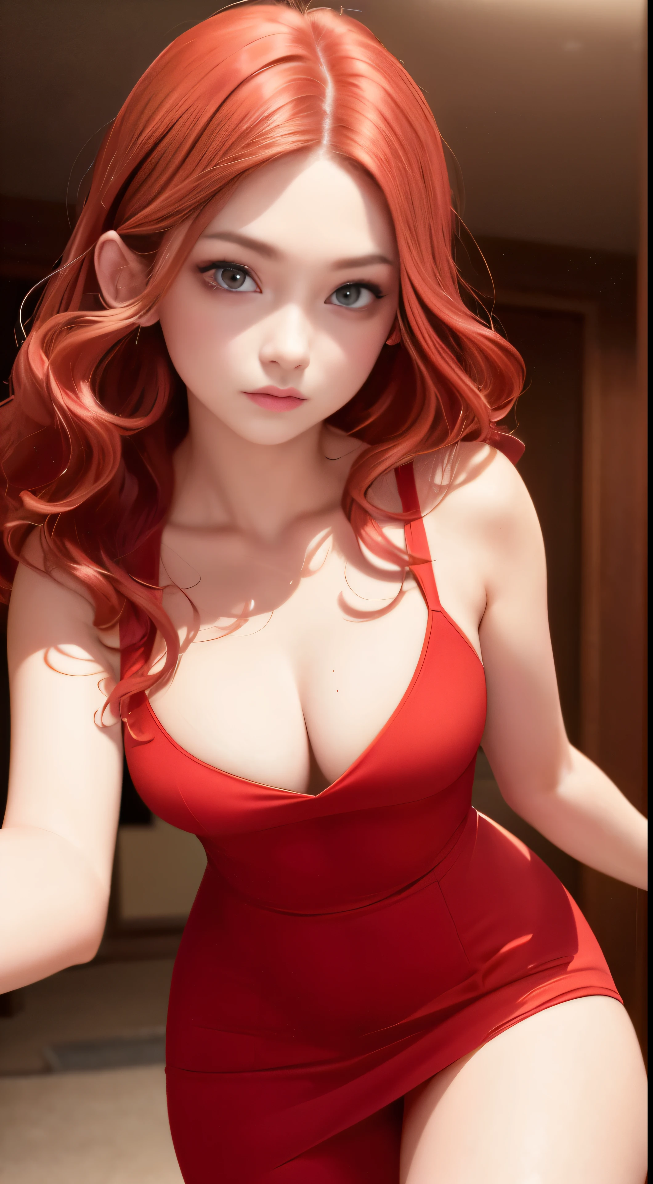 Best Quality, Masterpiece, Realistic: 1.2, 1 girl, Slim Girl with Red Hair and Brown Eyes, Front View, Detailed Face, Beautiful Eyes with Brown Iris and Big Pupils, Small Breasts with Slight Cleavage, Long Red Dress.

The slim girl is captured in her best form, showcasing a detailed face with remarkably beautiful brown eyes. Her rosy red hair tumbles down in luscious waves, framing her oval face. Her big, expressive eyes are full of character, adding to her captivating charm. She wears a long, elegant red dress that accentuates her figure, enhancing her beauty