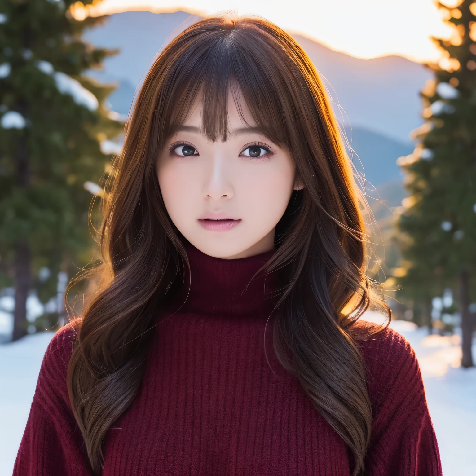 (table top、highest quality、8k、Award-winning work、ultra high resolution)、one beautiful woman、(Perfect burgundy turtleneck long sleeve knit sweater dress:1.1)、(Very fine knit with a smooth texture:1.1)、long hair、(Snowy mountains of Northern Europe:1.1)、snow forest、mysterious forest snow scene、(blurred background:1.1)、(very bright and vivid:1.1)、(very bright and glowing skin:1.1)、(glamorous body:1.1)、(Tightest knit with perfect fit:1.1)、(very big breasts:1.1)、(emphasize body line:1.1)、winter、(Orgasmic expression staring at me:1.2)、(Squint and open your mouth:1.1)、A vivid and magical sunset、romantic sunset glow、shining snow、beautiful sunlight filtering through the foliage、epic movie lighting、The sparkle of fine diamond dust、perfect fit、(accurate anatomy:1.1)、ultra high definition hair、ultra high resolutionの完璧な美しい歯、Ultra high definition beauty face、ultra high definition hair、Super high-definition sparkling eyes、輝くultra high resolutionの美肌、ultra high resolutionの艶やかな唇、epic movie lighting、the most romantic、the moodiest、romantic love feeling