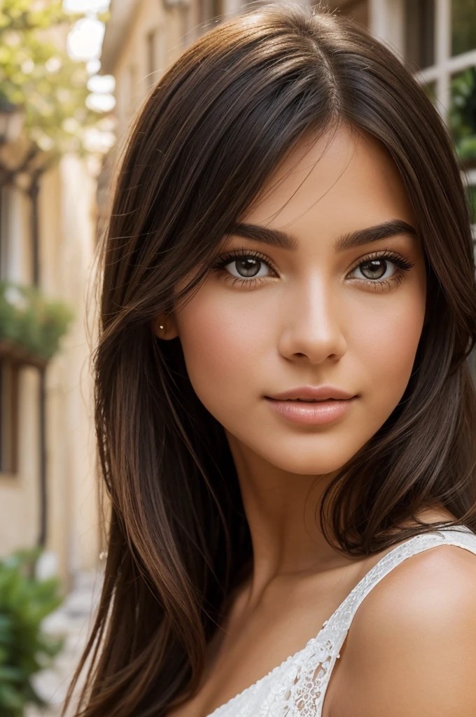 Hyperrealistic portrait of a 23-year-old young woman, with her Latin features clearly highlighted. Her caramel-toned skin emanates a subtle golden glow, which harmonizes with her large, expressive amber eyes framed by long black lashes. Cascading over her shoulders is voluminous hair, a rich chocolate hue, that catches the evening light effortlessly. Her straight nose and full, rosy lips, adorned with a natural shine, complete her captivating face.

Located on a wrought-iron balcony adorned with climbing plants and vibrant flowers, she overlooks a cobblestone street in an ancient European city. Bathed in the soft, warm light of the golden hour, her white linen sundress flutters gently in the light breeze, accentuating her presence in the scene.

Precisely captured by a high-end DSLR equipped with an 85mm f/1.2 prime lens, the shallow depth of field artfully blurs the background while keeping the face and foreground sharp. The composition is meticulous, with the model slightly off-center to incorporate the historic architecture and clear blue sky.

This image evokes a feeling of serenity and timeless beauty, with a color palette that complements the model's complexion and the urban environment. Every detail, from the reflection of light on the silver accessories to the texture of the linen dress to the pattern of shadows on her face, is rendered with exquisite precision.
