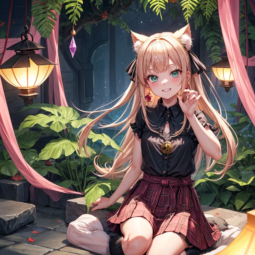 pink blonde、green eyes、one good looking girl、solo、anime、plaid mini skirt、the skirt has buttons、black camisole、black t-shirt、dress、wearing a ribbon、ribbon at waist、cloak、hood、stone slabs are piled up、raising one hand、crystal earrings、monster castle、jewelry necklace、Light and shadow、Hundreds of Ghosts at Night、lantern、sitting、legs crossed、mirror、tunnel、clock、Stuck in the wall、universe、skeletal specimen、fern plants、petal、tilting one's face、teeth are visible、red carpet
