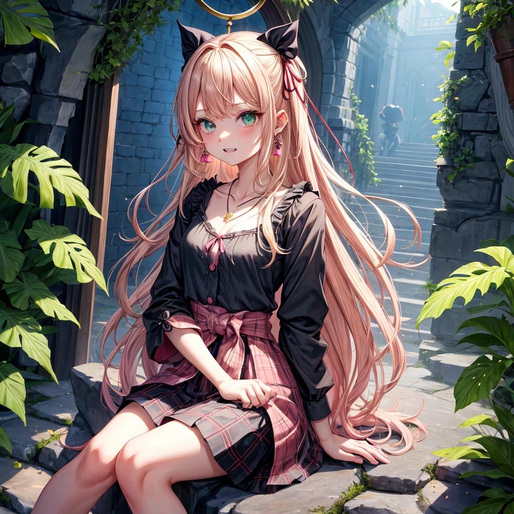 pink blonde、green eyes、one good looking girl、solo、anime、plaid mini skirt、the skirt has buttons、black camisole、black t-shirt、dress、wearing a ribbon、ribbon at waist、cloak、hood、stone slabs are piled up、raising one hand、crystal earrings、monster castle、jewelry necklace、Light and shadow、Hundreds of Ghosts at Night、lantern、sitting、legs crossed、mirror、tunnel、clock、Stuck in the wall、universe、skeletal specimen、fern plants、petal、tilting one&#39;s face、teeth are visible、red carpet