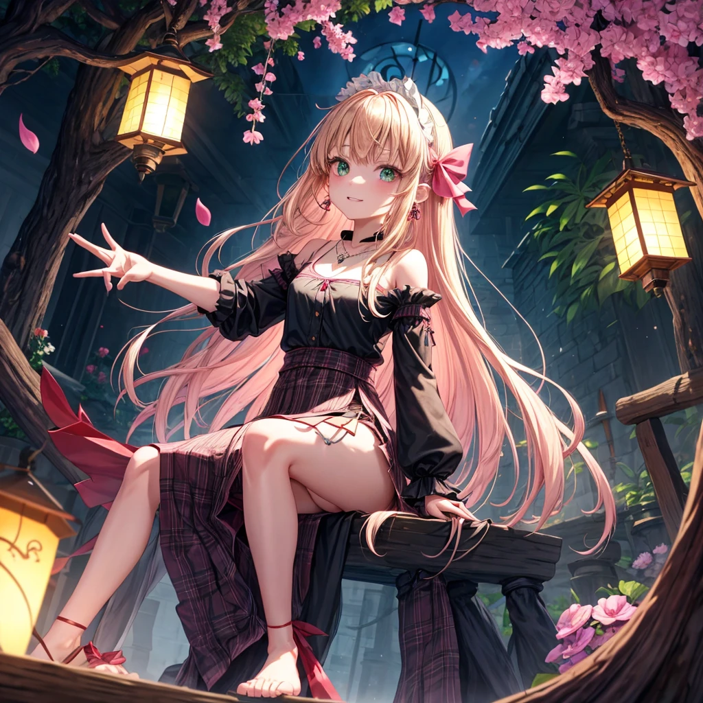 pink blonde、green eyes、one good looking girl、solo、anime、plaid mini skirt、the skirt has buttons、black camisole、black t-shirt、dress、wearing a ribbon、ribbon at waist、cloak、hood、stone slabs are piled up、raising one hand、crystal earrings、monster castle、jewelry necklace、Light and shadow、Hundreds of Ghosts at Night、lantern、sitting、legs crossed、mirror、tunnel、clock、Stuck in the wall、universe、skeletal specimen、fern plants、petal、tilting one&#39;s face、teeth are visible、red carpet