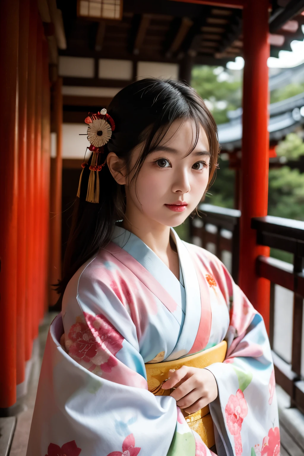 Kimono worn at a temple in Kyoto20Please generate an image of a portrait of a year-old Japanese woman.