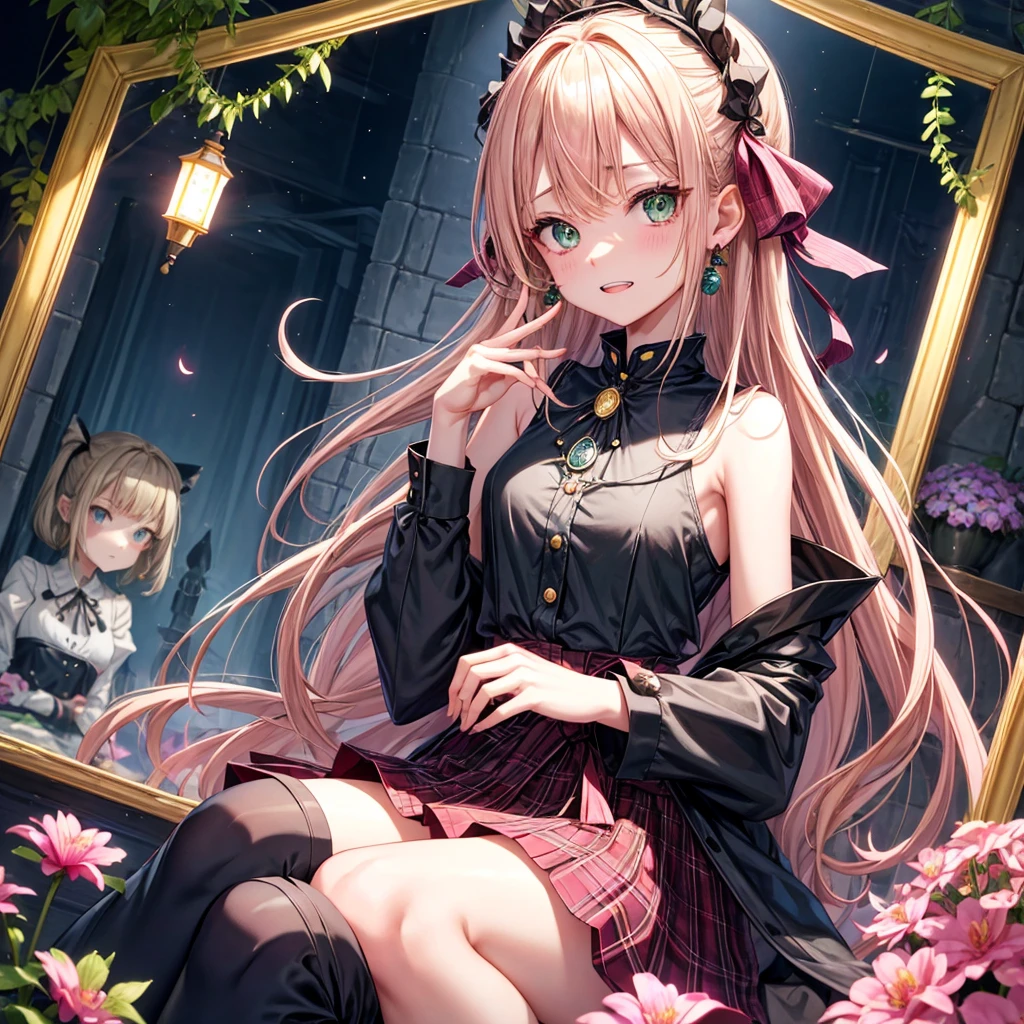 pink blonde、green eyes、one good looking girl、solo、anime、plaid mini skirt、the skirt has buttons、black camisole、black t-shirt、dress、wearing a ribbon、ribbon at waist、cloak、hood、stone slabs are piled up、raising one hand、crystal earrings、monster castle、jewelry necklace、Light and shadow、Hundreds of Ghosts at Night、lantern、sitting、legs crossed、mirror、tunnel、clock、Stuck in the wall、universe、skeletal specimen、fern plants、petal、tilting one&#39;s face、teeth are visible、red carpet、magic