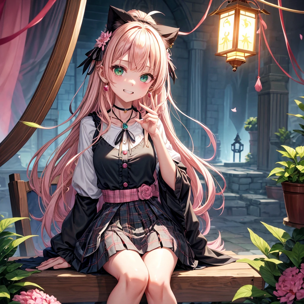 pink blonde、green eyes、one good looking girl、solo、anime、plaid mini skirt、the skirt has buttons、black camisole、black t-shirt、dress、wearing a ribbon、ribbon at waist、cloak、hood、stone slabs are piled up、raising one hand、crystal earrings、monster castle、jewelry necklace、Light and shadow、Hundreds of Ghosts at Night、lantern、sitting、legs crossed、mirror、tunnel、clock、Stuck in the wall、universe、skeletal specimen、fern plants、petal、tilting one&#39;s face、teeth are visible、red carpet、magic