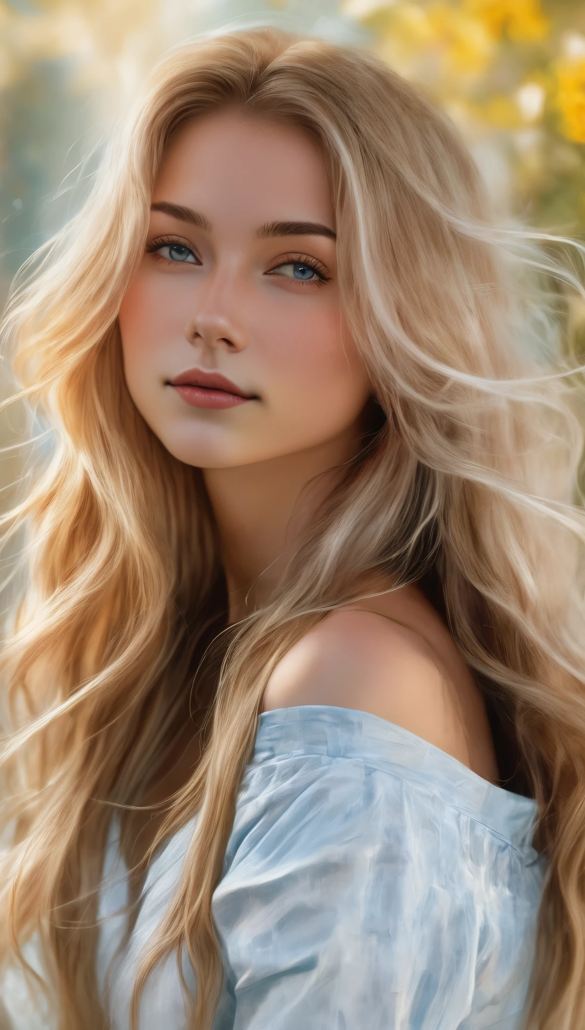 masterpiece:1.2, stunning detailed portrait of a young woman in her 20s with long flowing hair, captivating gaze, and a soft, subtle smile, inviting the viewer to admire her beauty. The artwork showcases her in a full-body pose, highlighting her graceful figure. The image is of the highest quality, with ultra-realistic detail and vibrant colors, making it a visual feast for the eyes. The painting exudes a sense of warmth and serenity, with soft, natural lighting that enhances every delicate feature of the subject.