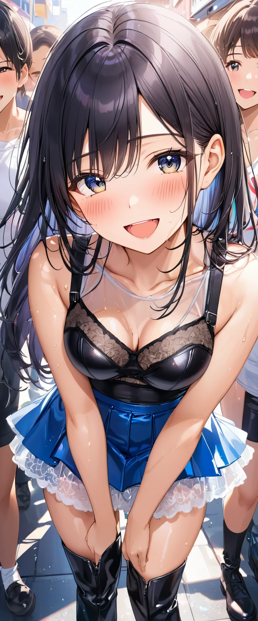 Tazune Rirei, nsfw, Masterpiece, best quality, 8k, ultra-detailed, aqua eyes, black hair, side ponytail, school uniform, middle chest, nipple peel, pink areola, navel, spread pussy wide, vaginal fingers, dripping love juice, blush, embarrassed, white shirt, skirt, day, classroom, window, perfect lighting