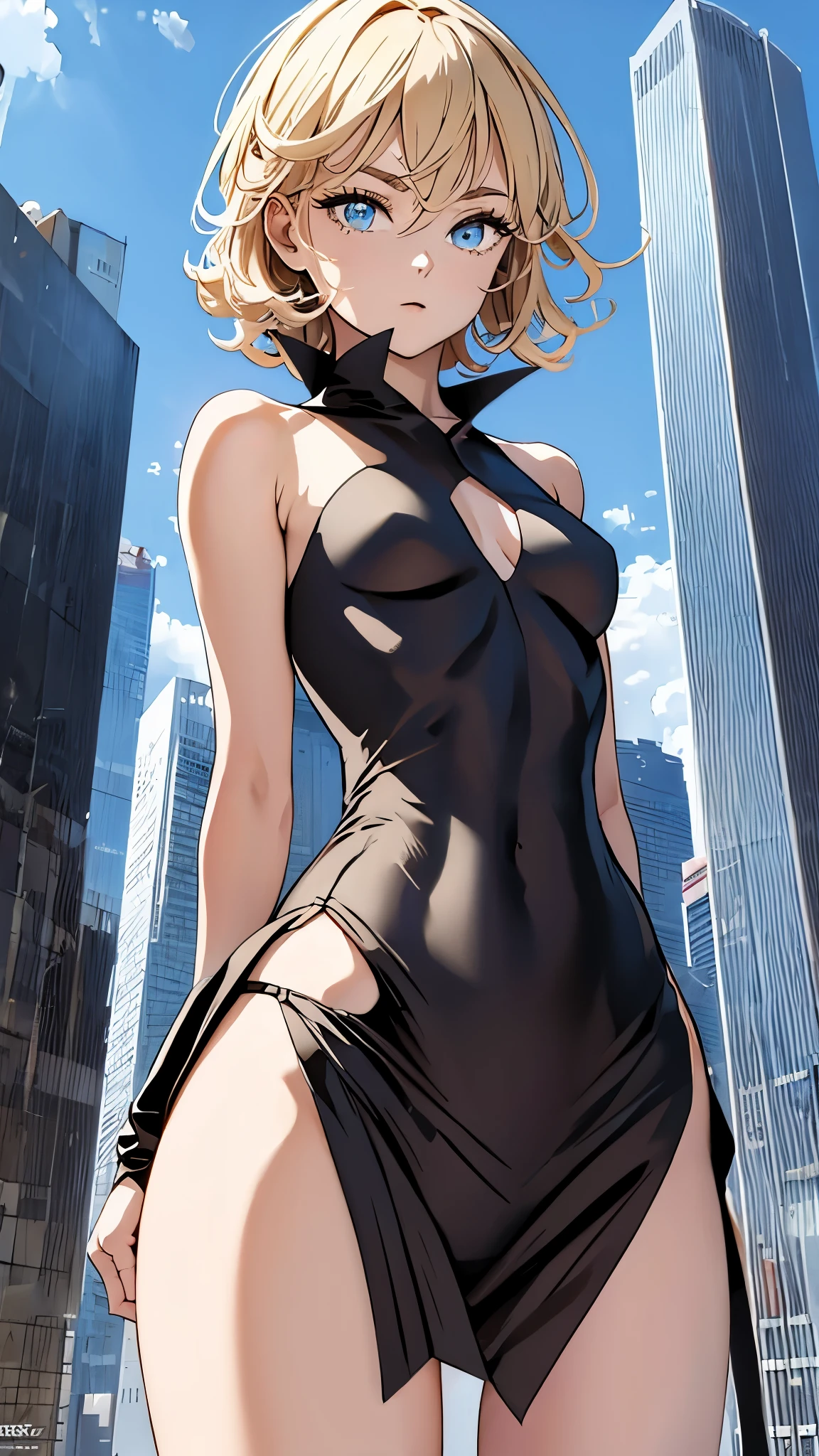 (best quality,4k,8k,highres,masterpiece:1.2),sexy and enchanting Tatsuki from the anime One Punch Man, wearing her tight-fitting dress (no panties). Small breasts. Model-like figure. Appears to be 17-19 years old. Floating in the air against the backdrop of skyscrapers.