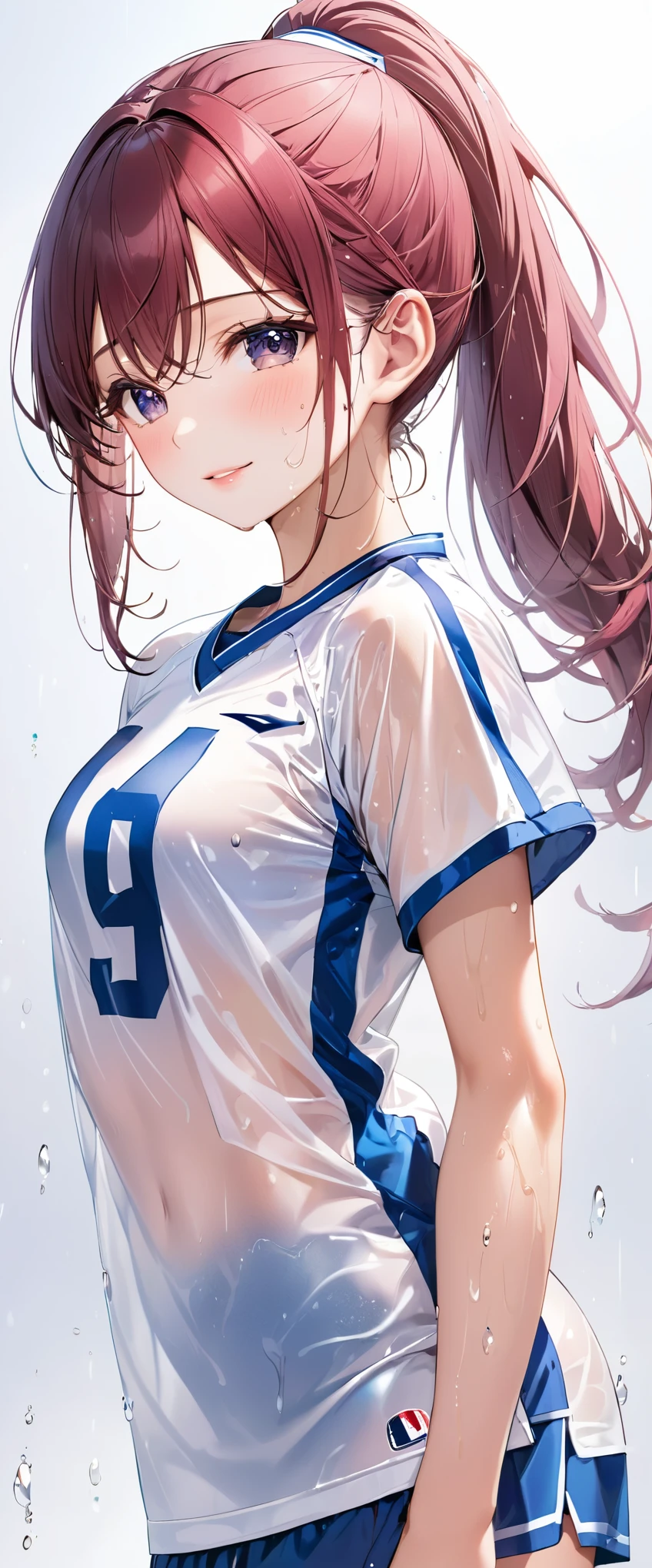 (masterpiece,highest quality,超A high resolution),japanese woman, (((very beautiful girl))), pretty girl、look at the photographer、 ((beautiful low ponytail)), super cute face, glossy lips, double eyelids in both eyes,natural smile、 natural makeup, long eyelashes, Shiny and smooth hair、center image, perfect limbs, perfect anatomy,(((White football uniform))),(wet with sweat),,See-through