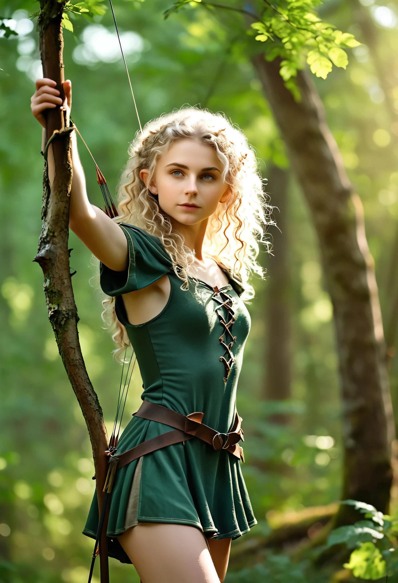 (Realistic:1.4), 18 years old elf archer in the forest, pale curly disheveled hair, delicate features of a thin face, cute sexy, perfect full body, Fantasy style,  8K, proffesional photography, Hi-Def, lifelike skin, Without cosmetics, background of the Middle Ages, The sun shines its rays through the treetops, bokeh