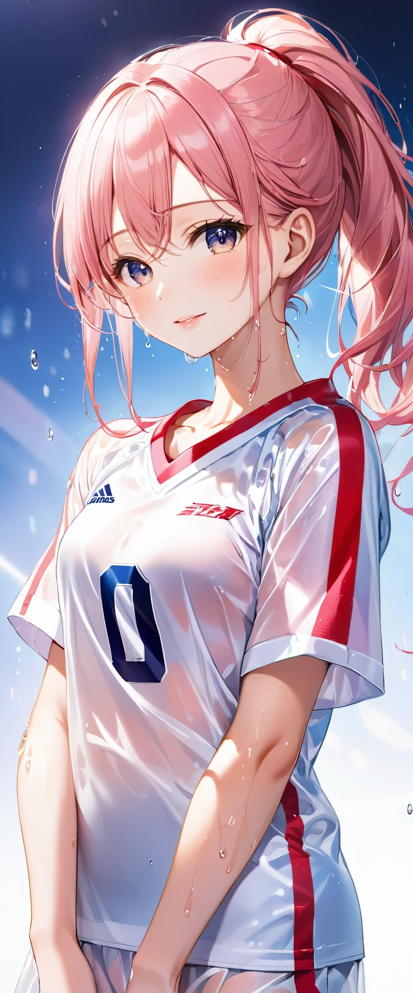 (masterpiece,highest quality,超A high resolution),japanese woman, (((very beautiful girl))), pretty girl、look at the photographer、 ((beautiful low ponytail)), super cute face, glossy lips, double eyelids in both eyes,natural smile、 natural makeup, long eyelashes, Shiny and smooth hair、center image, perfect limbs, perfect anatomy,(((White football uniform))),(wet with sweat),,See-through