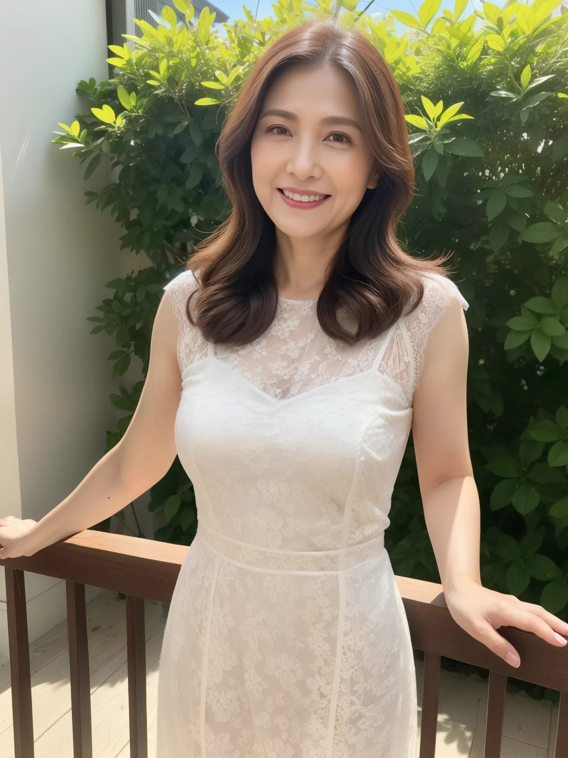 NSFW, ((highest quality)), ((8K)), ((masterpiece:1.3)), (be familiar with), ((A woman standing on a wooden balcony overlooking fresh greenery)), (one japanese woman), (perfect appearance), (47 years old), (Married woman), Wedding ring on left ring finger, (wrinkles on the face:1.2), (Wrinkles at the corners of the eyes:0.8), (tear bags around the eyes), (double eyelids), A small crying mole under my left eye, (lace dress), (Sheer dress), (long dress with pleats), (Long hair and dress fluttering in the wind), (calm expression), (wearing high heels),