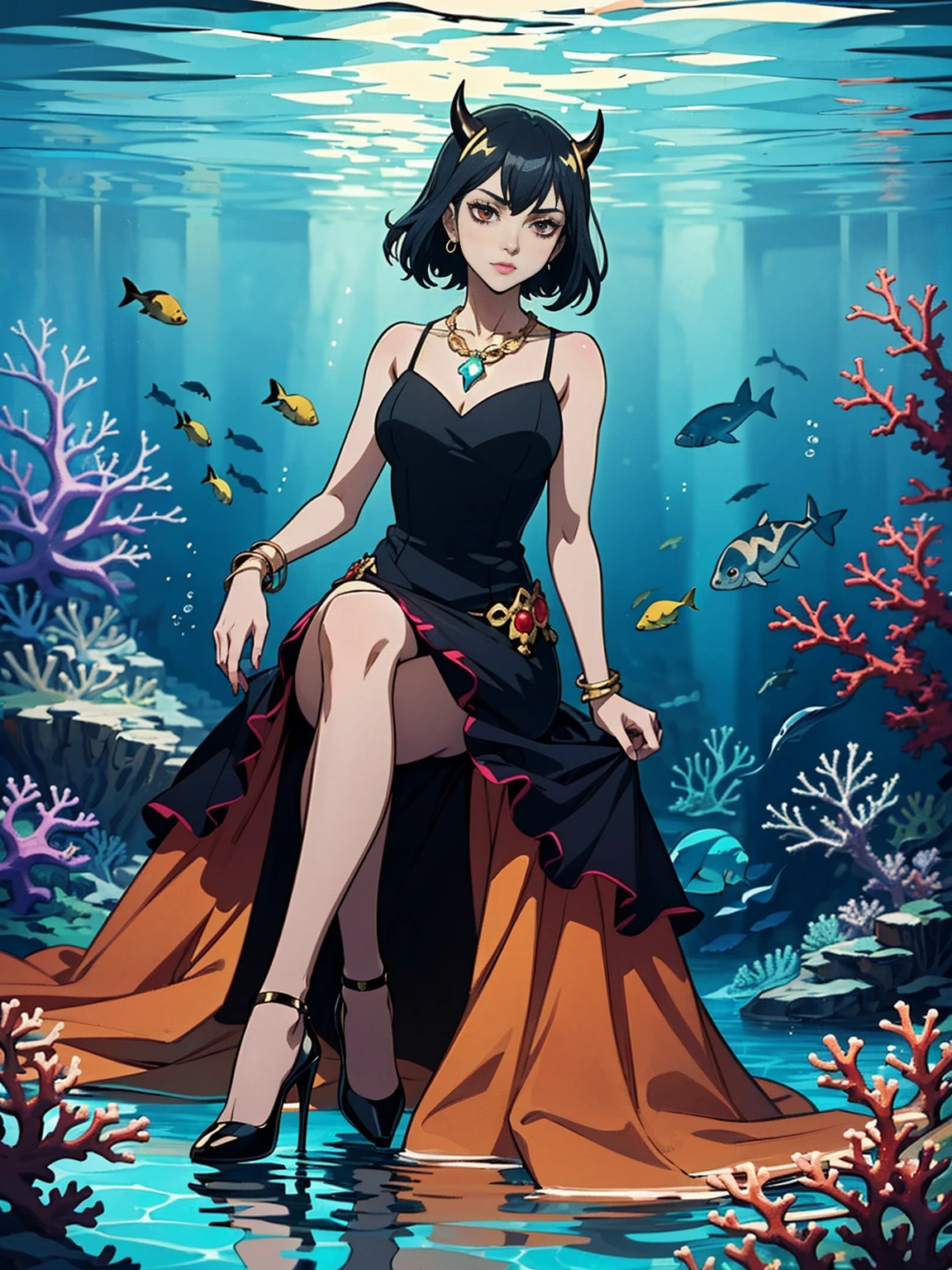 ((1girl, solo ,alone, Nero, Secre Swallowtail, illustration, (anime style, masterpiece, best quality), intricate details, 1girl, alone, Nero, black hair, short hair, red eyes, horns, black dress, black bulls, elegant delicate, reflection, shine, sophisticated, anime, manga, looking at the viewer, feathers)), ((solo, 1woman, pink lipstick, Extremely detailed, ambient soft lighting, 4k, perfect eyes, a perfect face, perfect lighting, a 1girl)), austere, ((sitting on a throne, ((legs crossed, high heels, underwater, submerged in the ocean, deep sea, sea creatures, aqua)), sitting on her throne under; water, sea queen, mu yanling, Krenz Cushart and Artgerm, ((fish, coral)), shark, turtle, algae)), ((long dress, elegant dress , formal dress, red dress, bracelets, ruby earrings, gold necklace, diamond, sovereign))