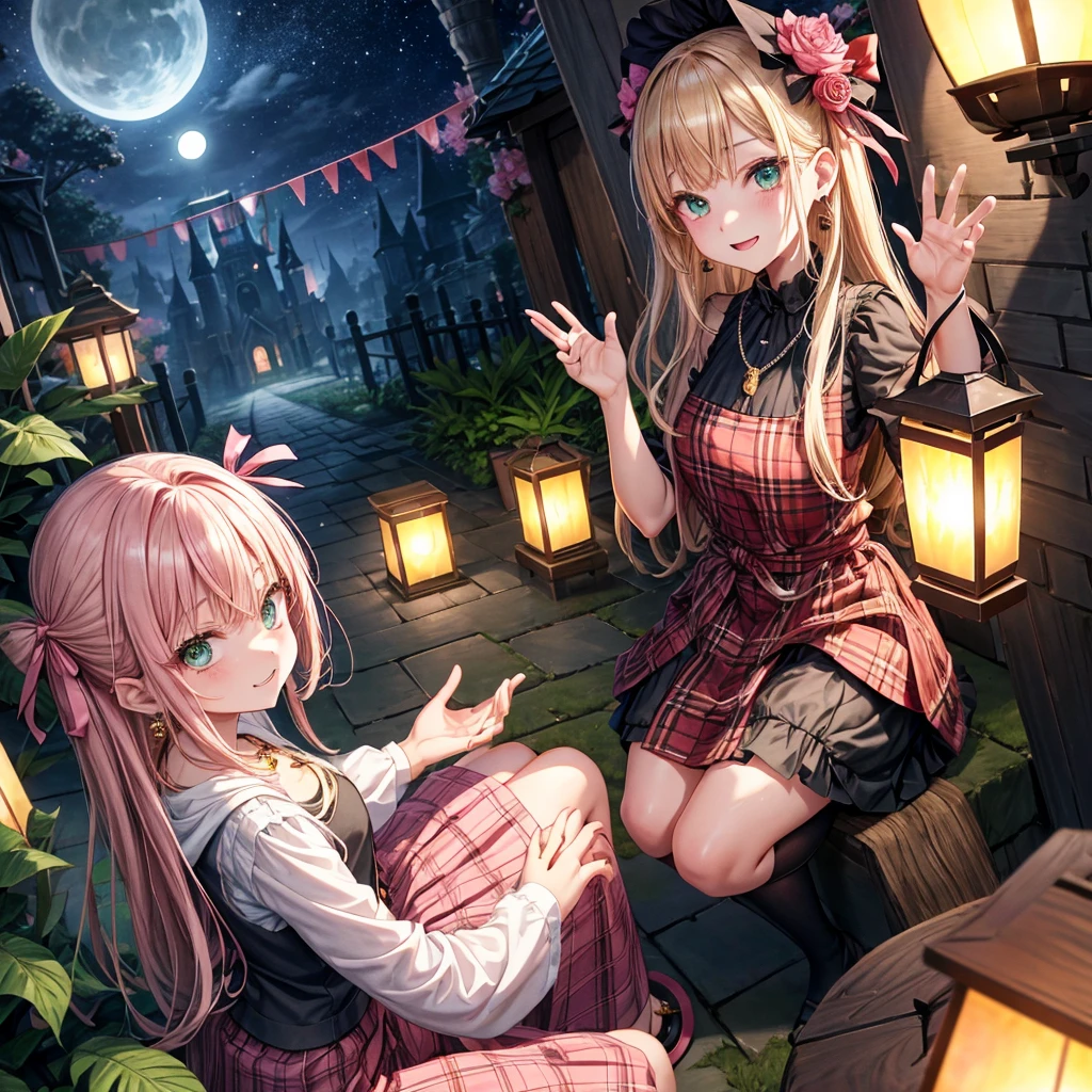 pink blonde、green eyes、one good looking girl、solo、anime、plaid mini skirt、the skirt has buttons、black camisole、black t-shirt、dress、wearing a ribbon、ribbon at waist、cloak、hood、stone slabs are piled up、raising one hand、crystal earrings、monster castle、jewelry necklace、Light and shadow、Hundreds of Ghosts at Night、lantern、sitting、legs crossed、mirror、tunnel、clock、Stuck in the wall、universe、skeletal specimen、fern plants、petal、tilting one's face、teeth are visible、red carpet、magic