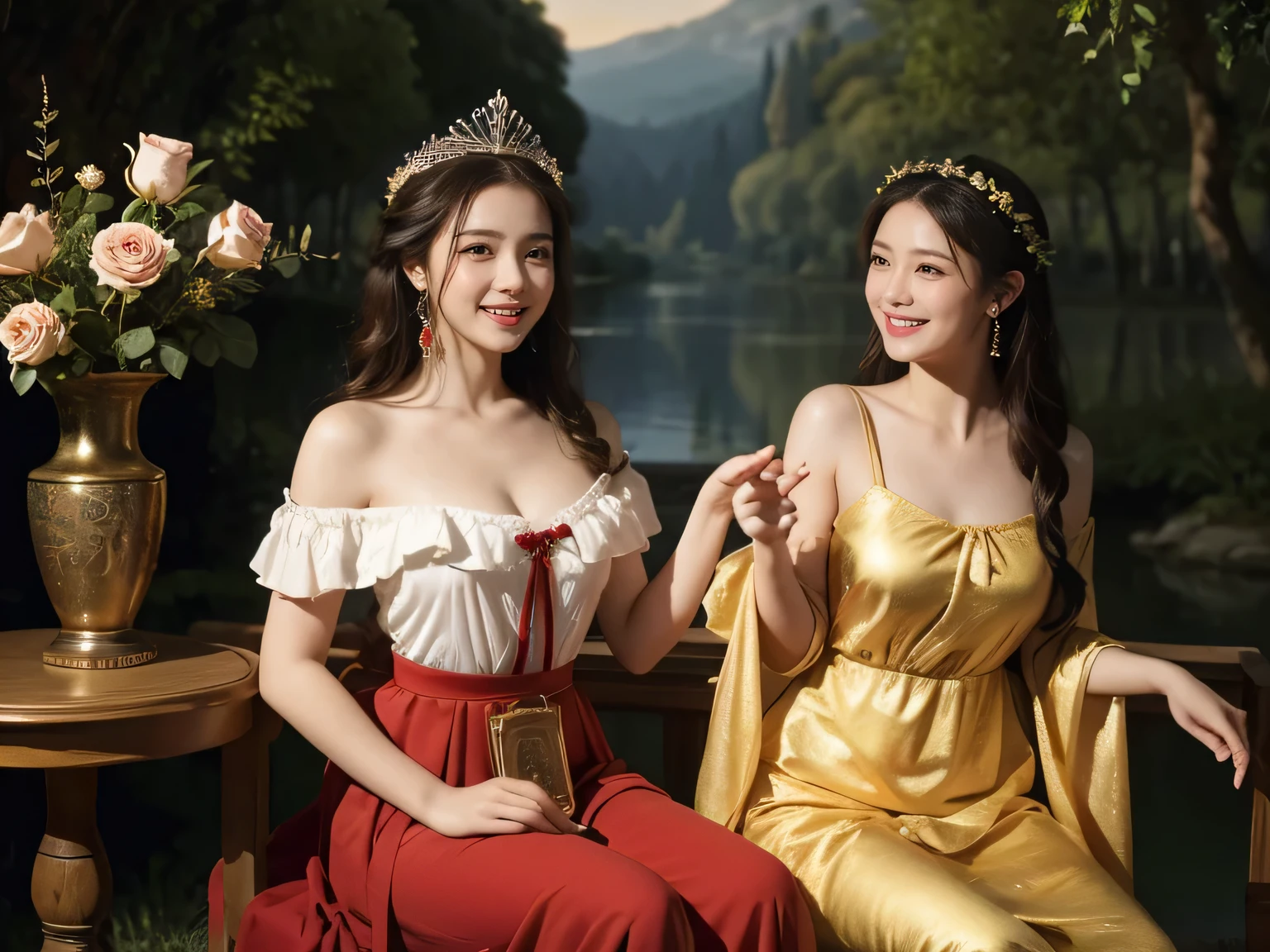 Giorgione painting style,Arguments of two female P、roses in vase、fruits、Cute trinkets、smile、ancient greek costume、Background is a forest lake at night ,A big smile、beautiful bare skin,Woman singing with sheet music