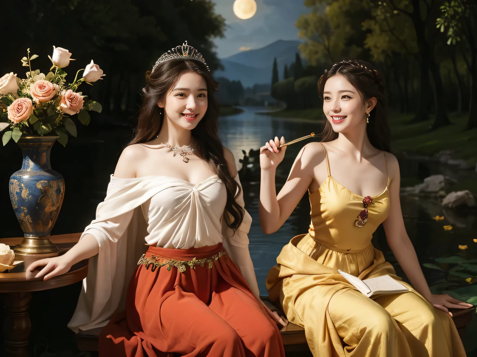 Giorgione painting style,Arguments of two female P、roses in vase、fruits、Cute trinkets、smile、ancient greek costume、Background is a forest lake at night ,A big smile、beautiful bare skin,Woman singing with sheet music